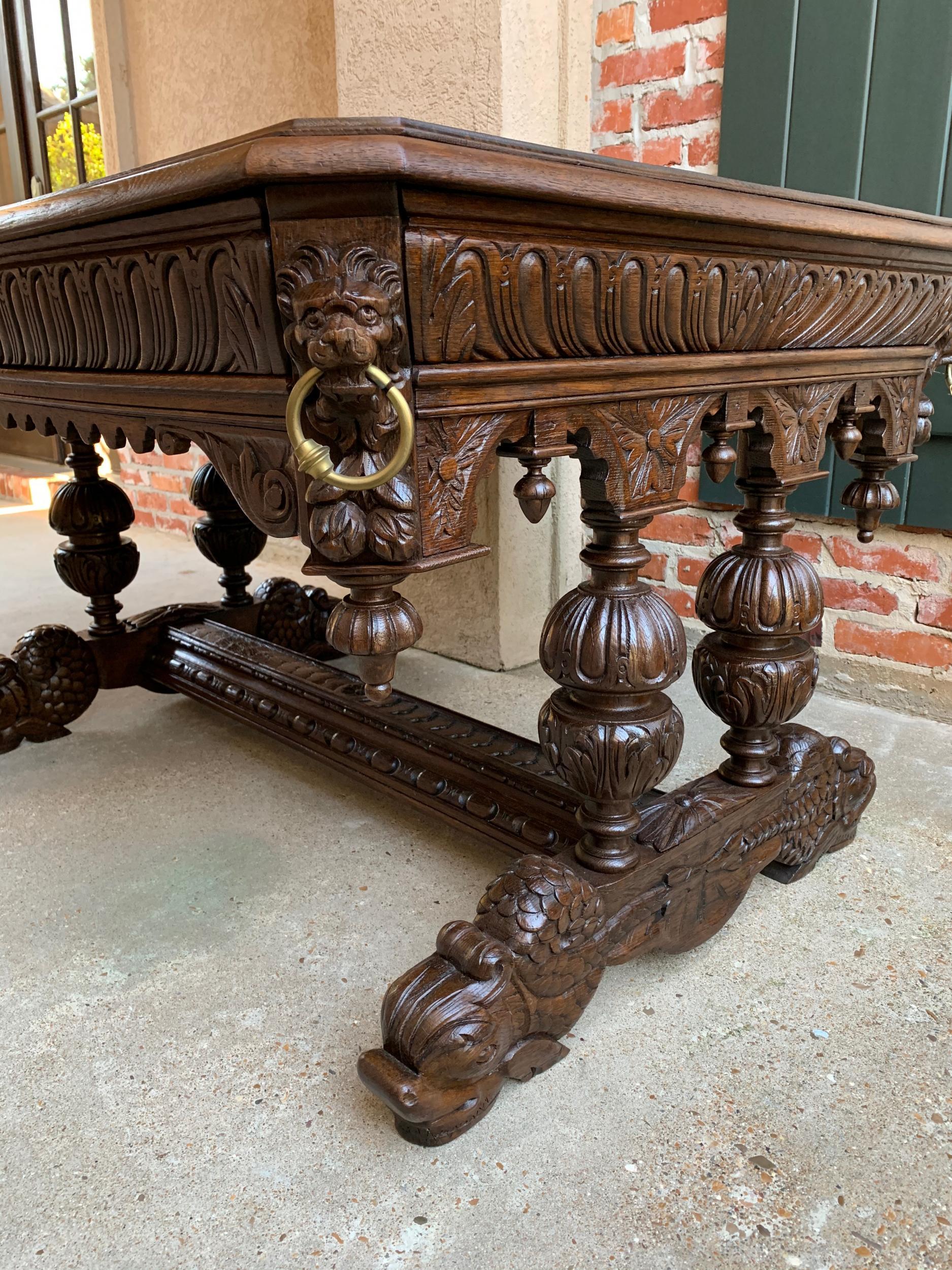 19th Century French Carved Oak Dolphin Library Table Desk Renaissance Gothic 12