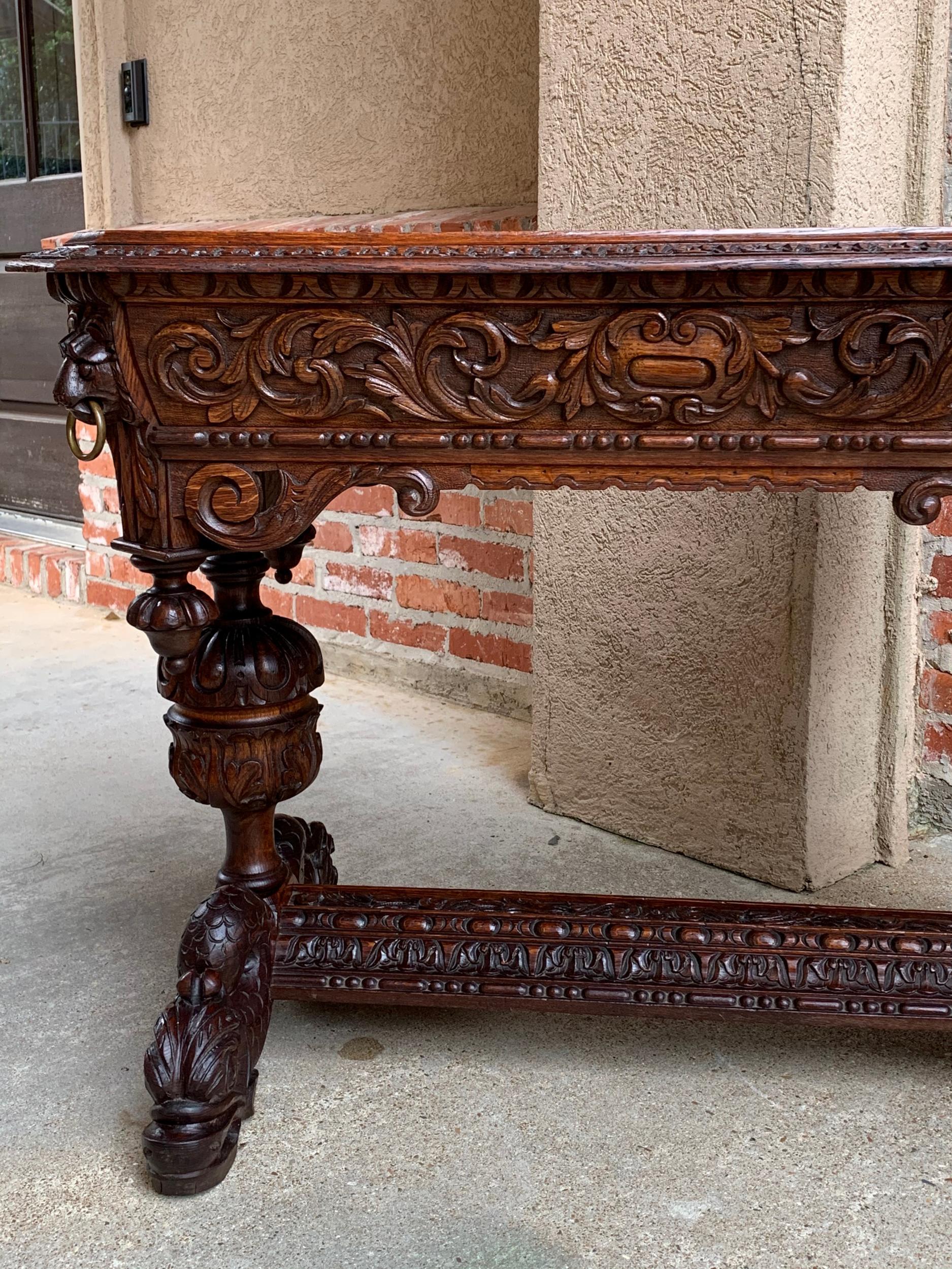 19th Century French Carved Oak Dolphin Library Table Desk Renaissance Gothic 14