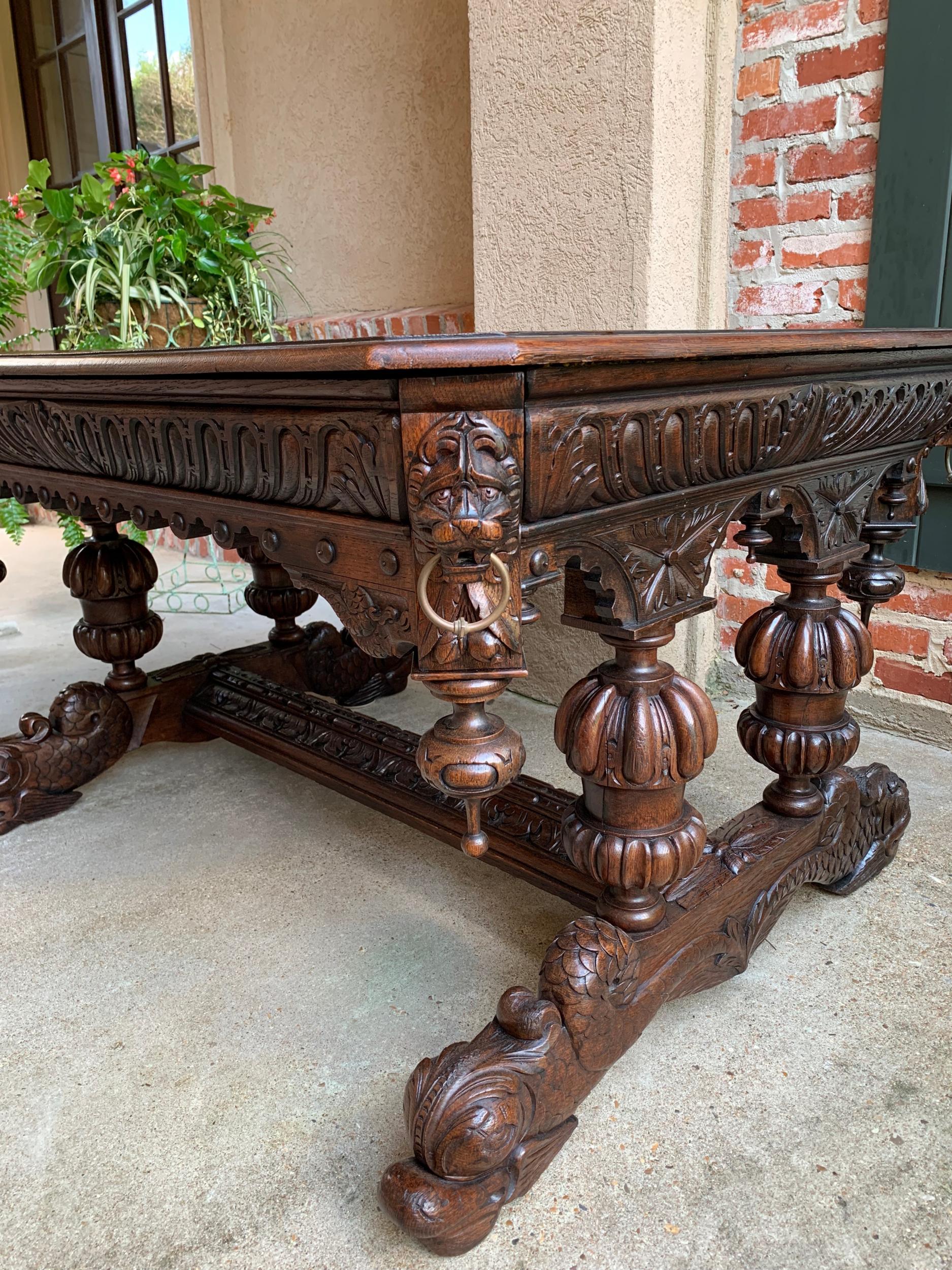 19th Century French Carved Oak Dolphin Library Table Desk Renaissance Gothic 14