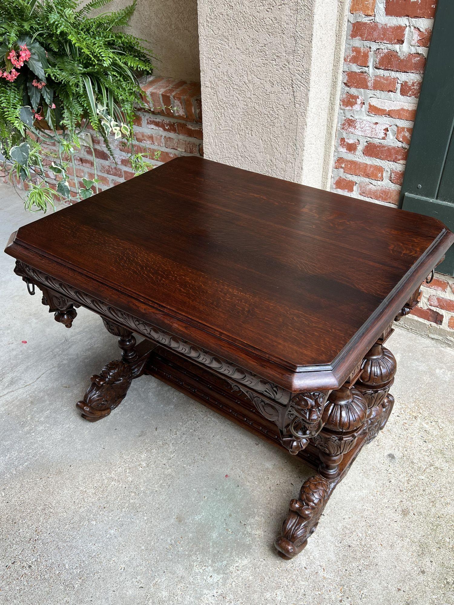 Antique French Carved Oak Dolphin Library Table Desk Renaissance Gothic c1890 For Sale 13