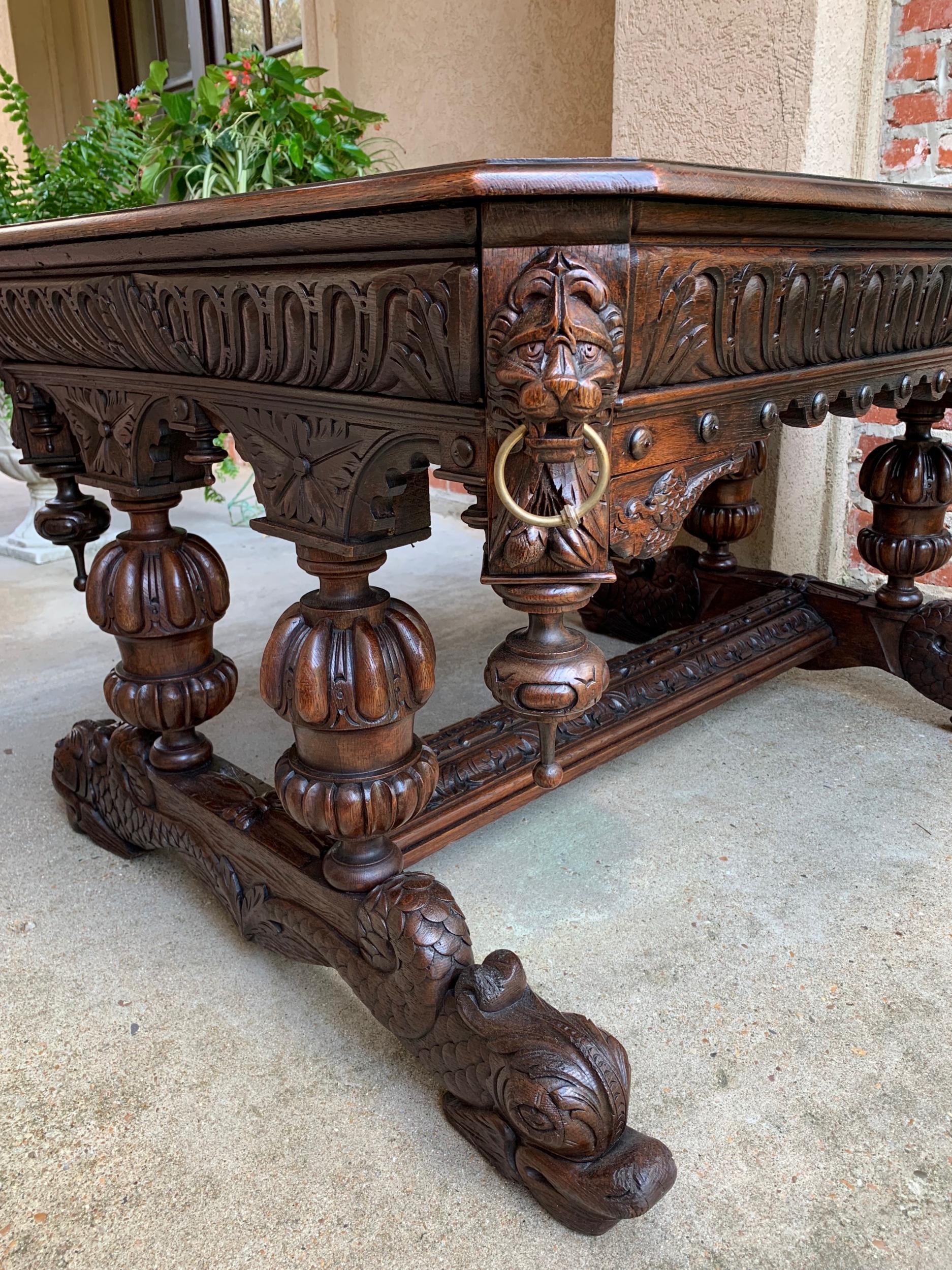 19th Century French Carved Oak Dolphin Library Table Desk Renaissance Gothic 15