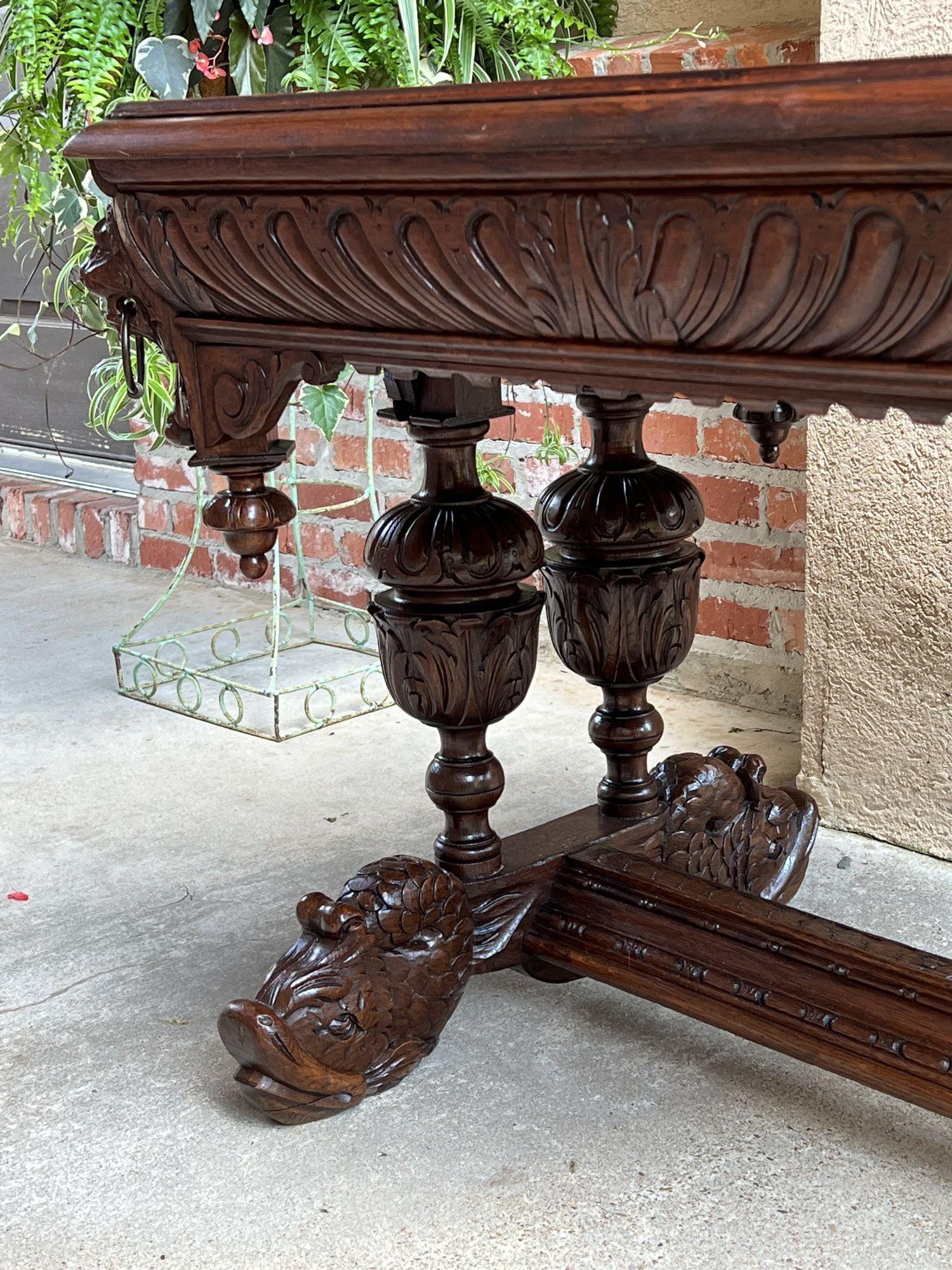 Antique French Carved Oak Dolphin Library Table Desk Renaissance Gothic c1890 For Sale 14