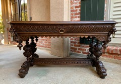 19th Century French Carved Oak Dolphin Library Table Desk Renaissance Gothic