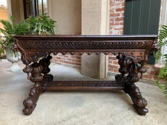 19th Century French Carved Oak Dolphin Library Table Desk Renaissance Gothic
