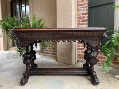 19th Century French Carved Oak Dolphin Library Table Desk Renaissance Gothic