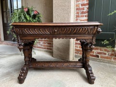 Antique French Carved Oak Dolphin Library Table Desk Renaissance Gothic c1890