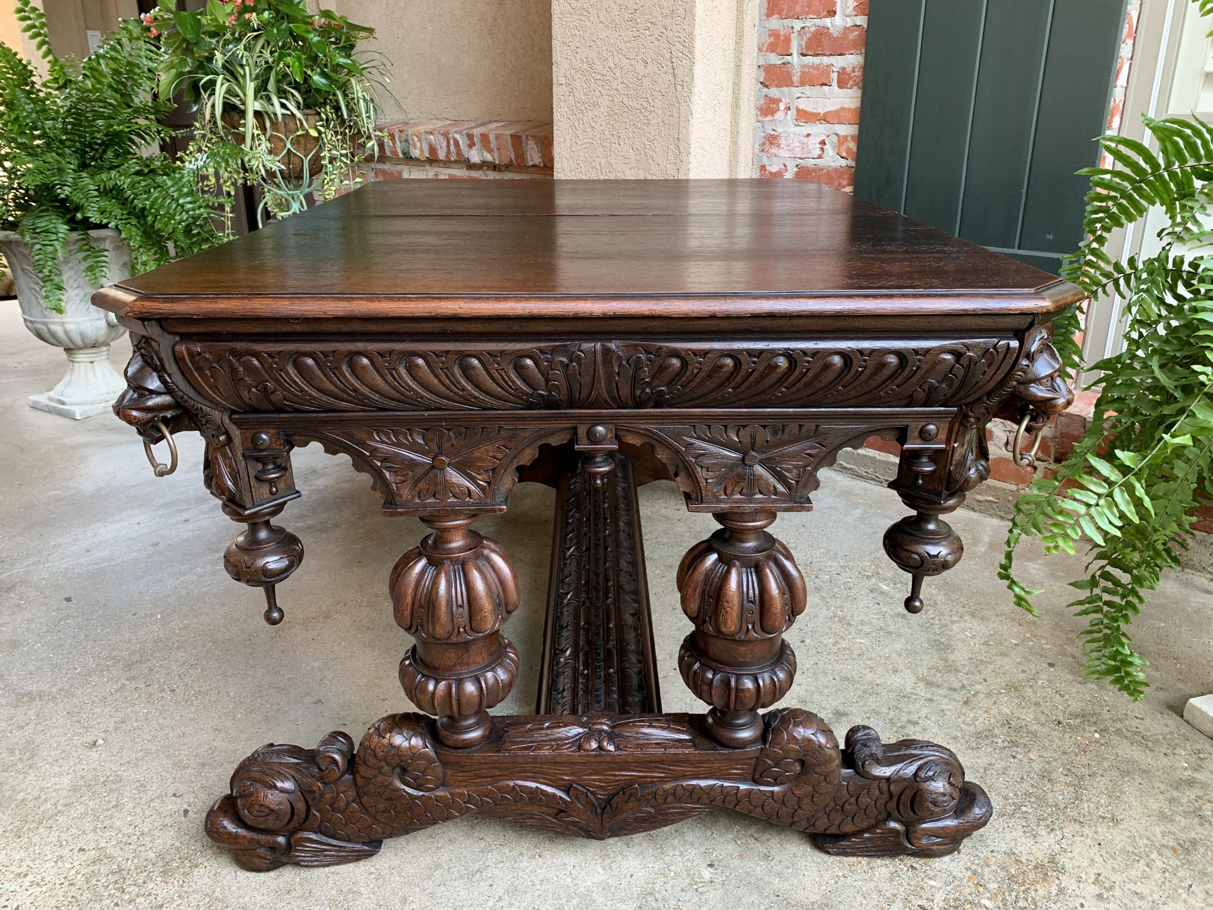 19th Century French Carved Oak Dolphin Library Table Desk Renaissance Gothic 16
