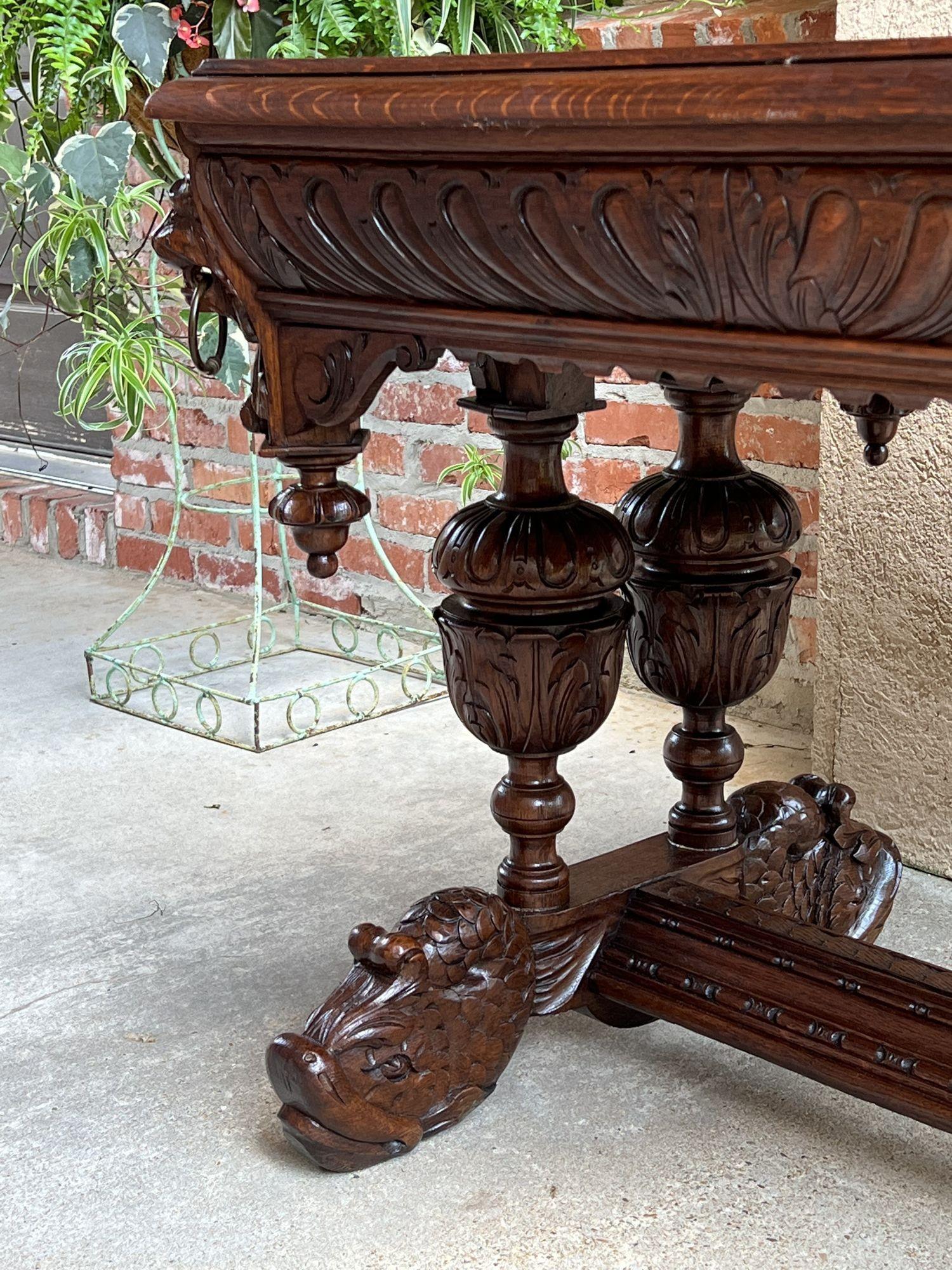 Antique French Carved Oak Dolphin Library Table Desk Renaissance Gothic c1890 For Sale 15