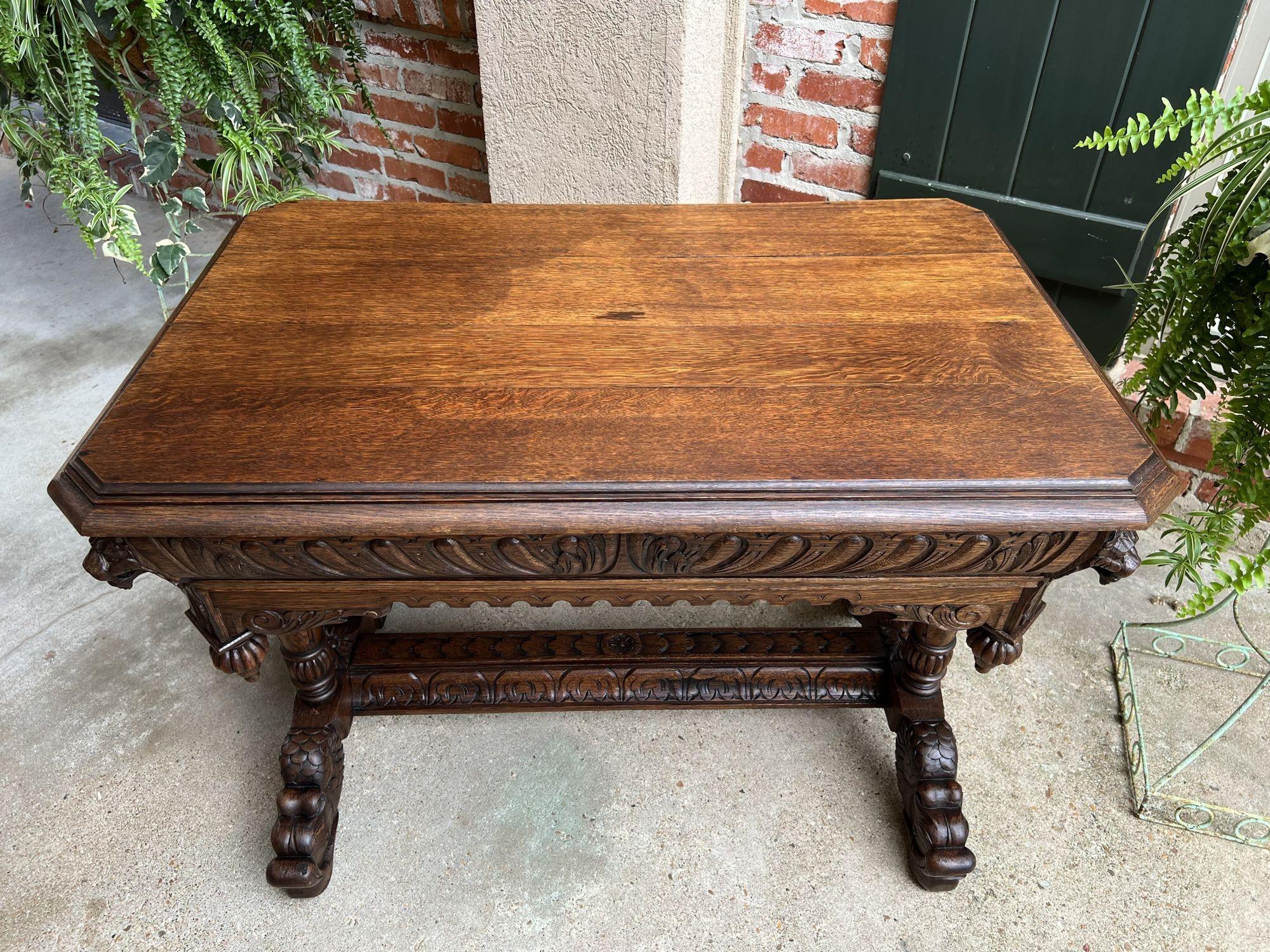 Antique French Carved Oak Dolphin Library Table Desk Renaissance Gothic c1890 in vendita 12
