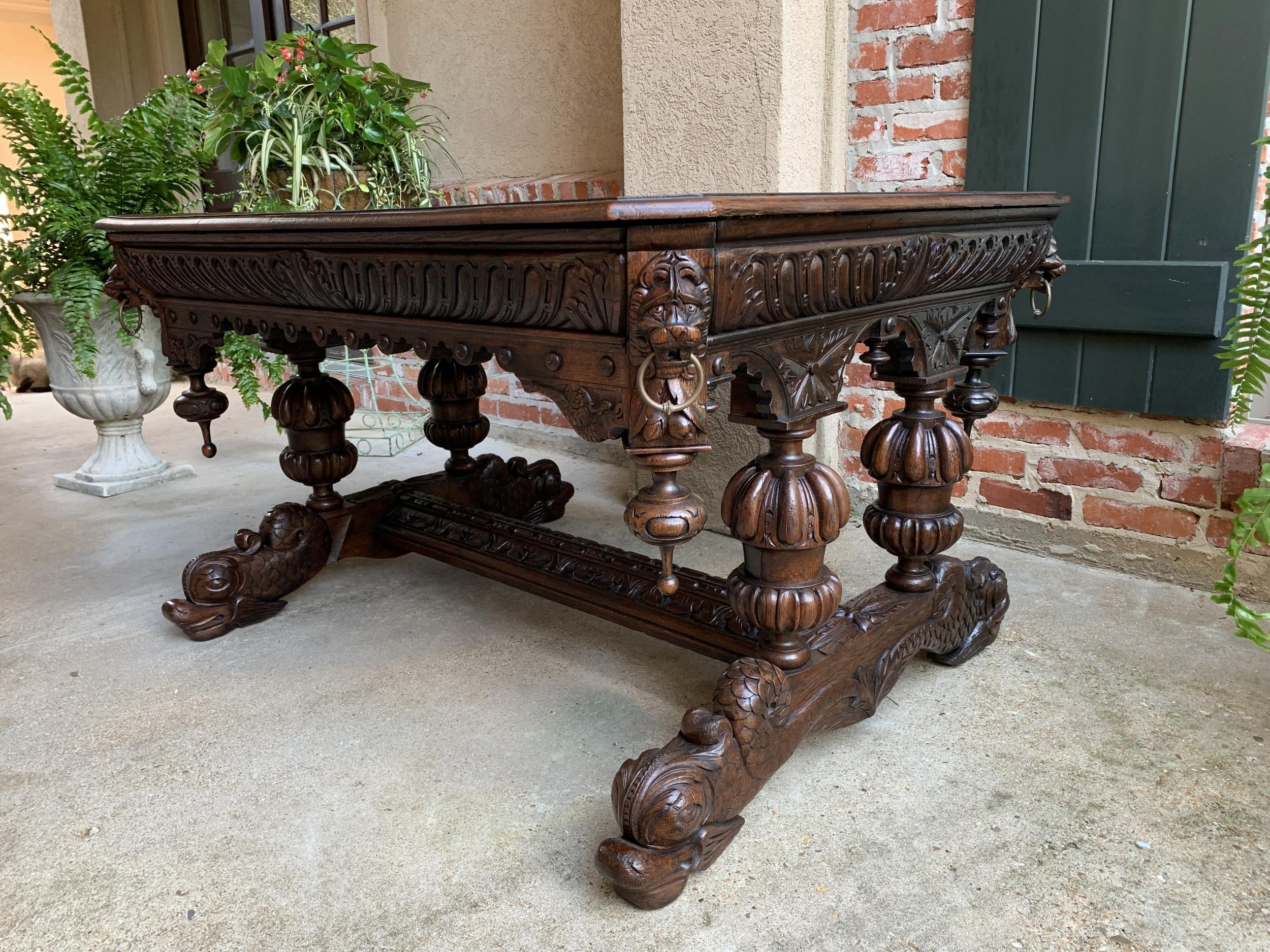 Hand-Carved 19th Century French Carved Oak Dolphin Library Table Desk Renaissance Gothic