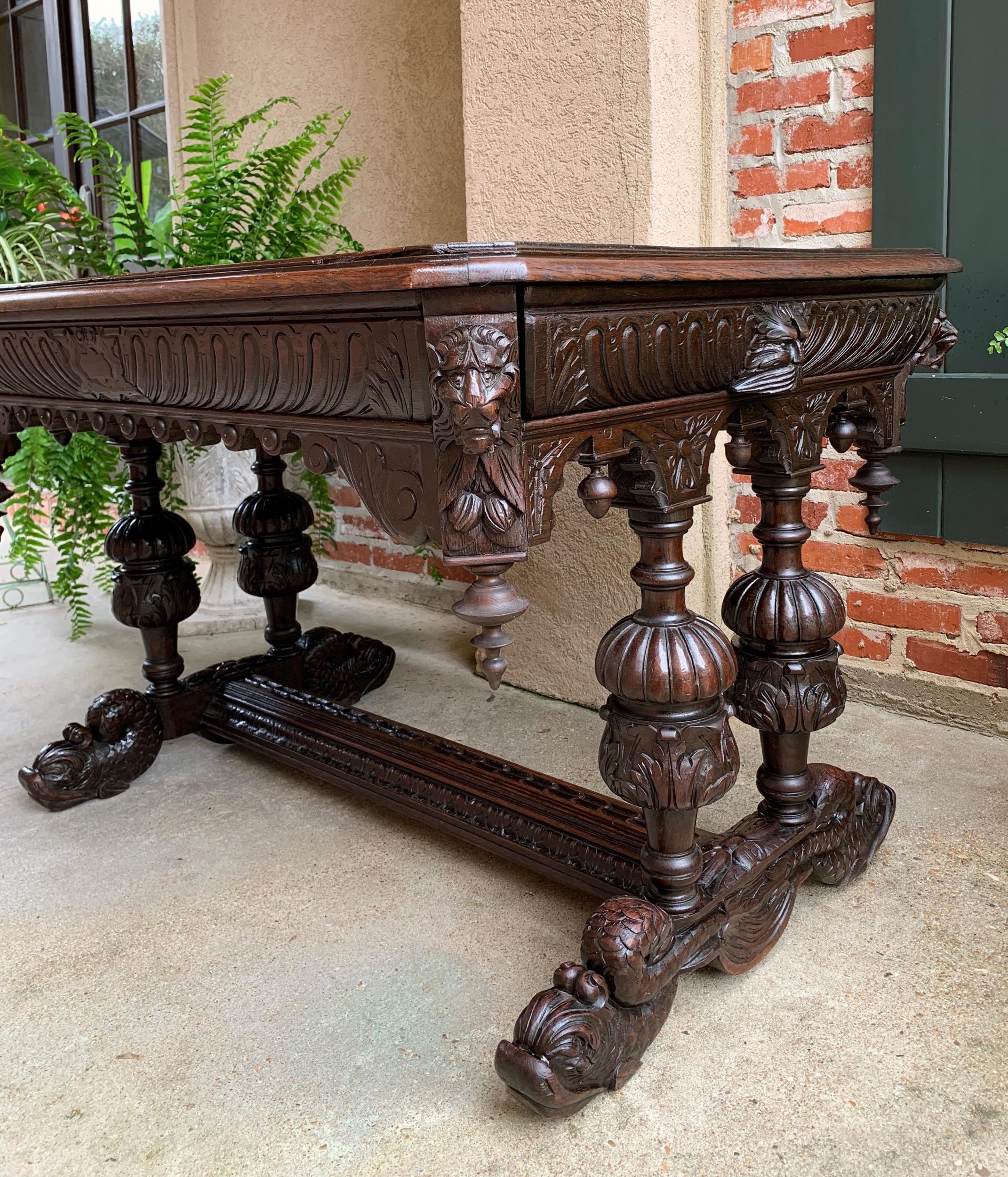 Louis XIV 19th Century French Carved Oak Dolphin Library Table Desk Renaissance Gothic