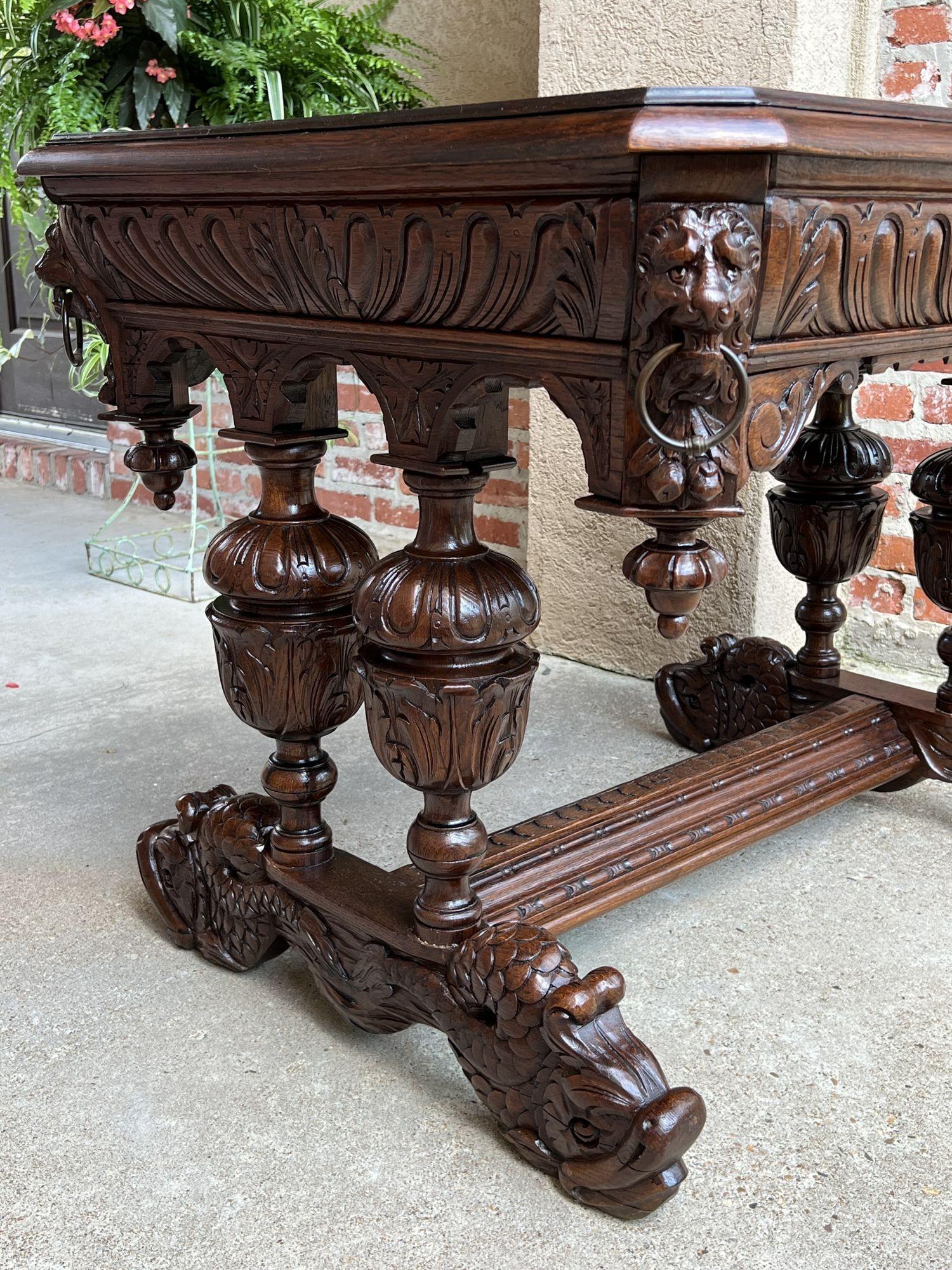 Hand-Carved Antique French Carved Oak Dolphin Library Table Desk Renaissance Gothic c1890 For Sale