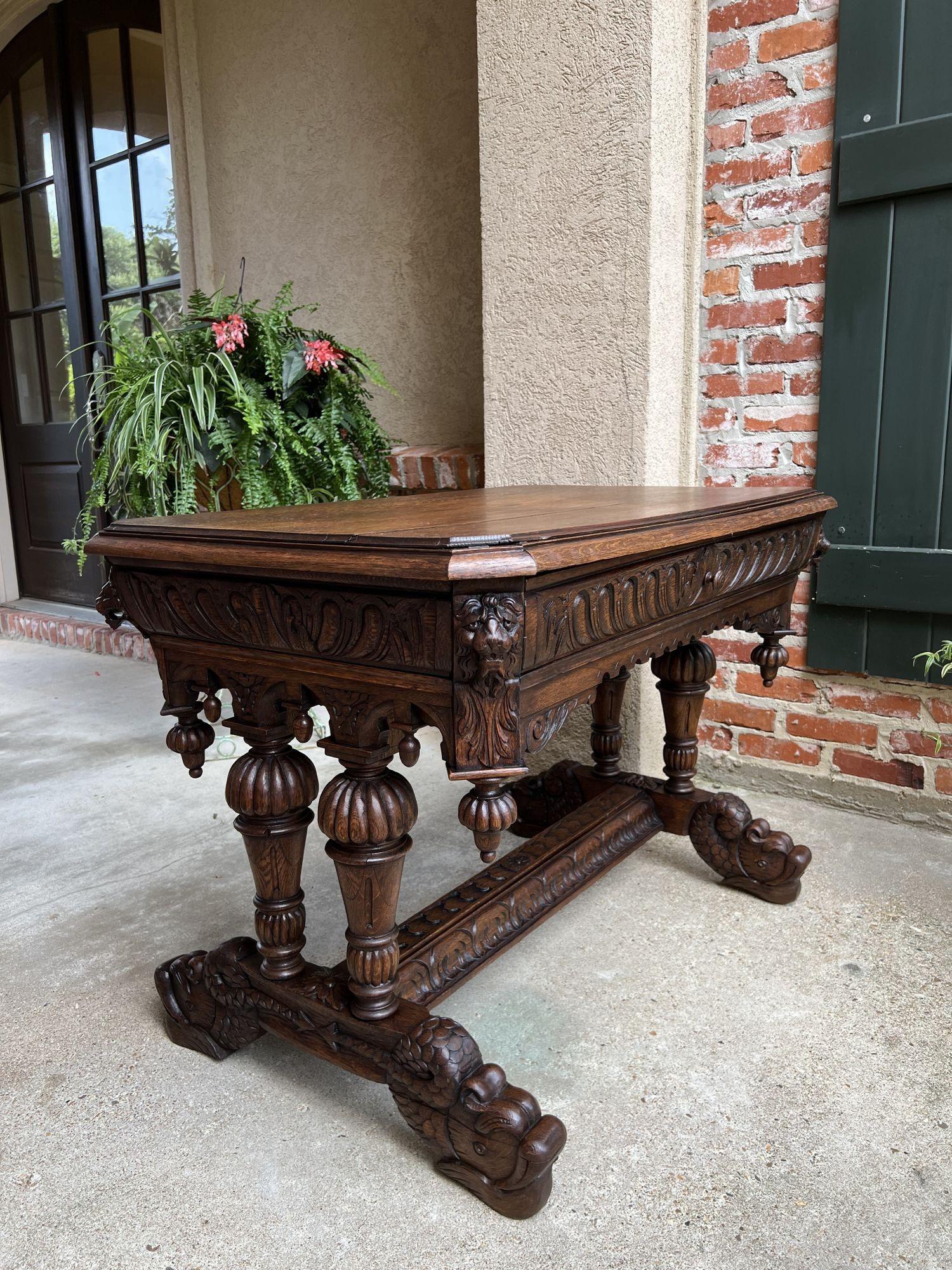 Rinascimento Antique French Carved Oak Dolphin Library Table Desk Renaissance Gothic c1890 in vendita