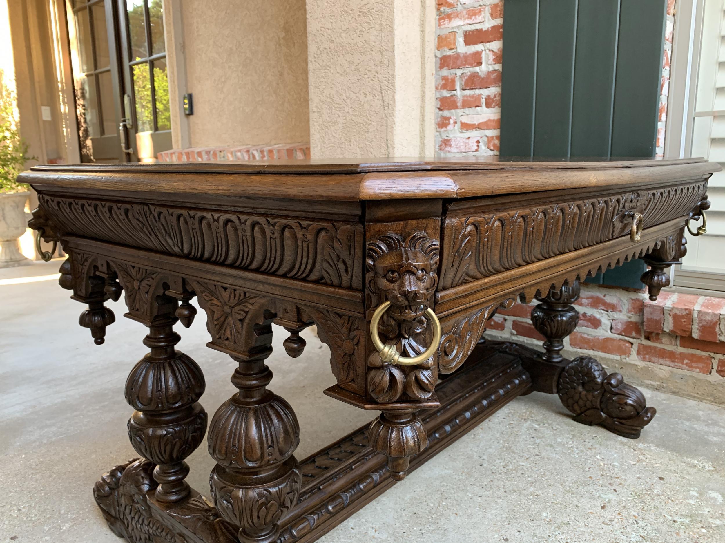 Renaissance Revival 19th Century French Carved Oak Dolphin Library Table Desk Renaissance Gothic