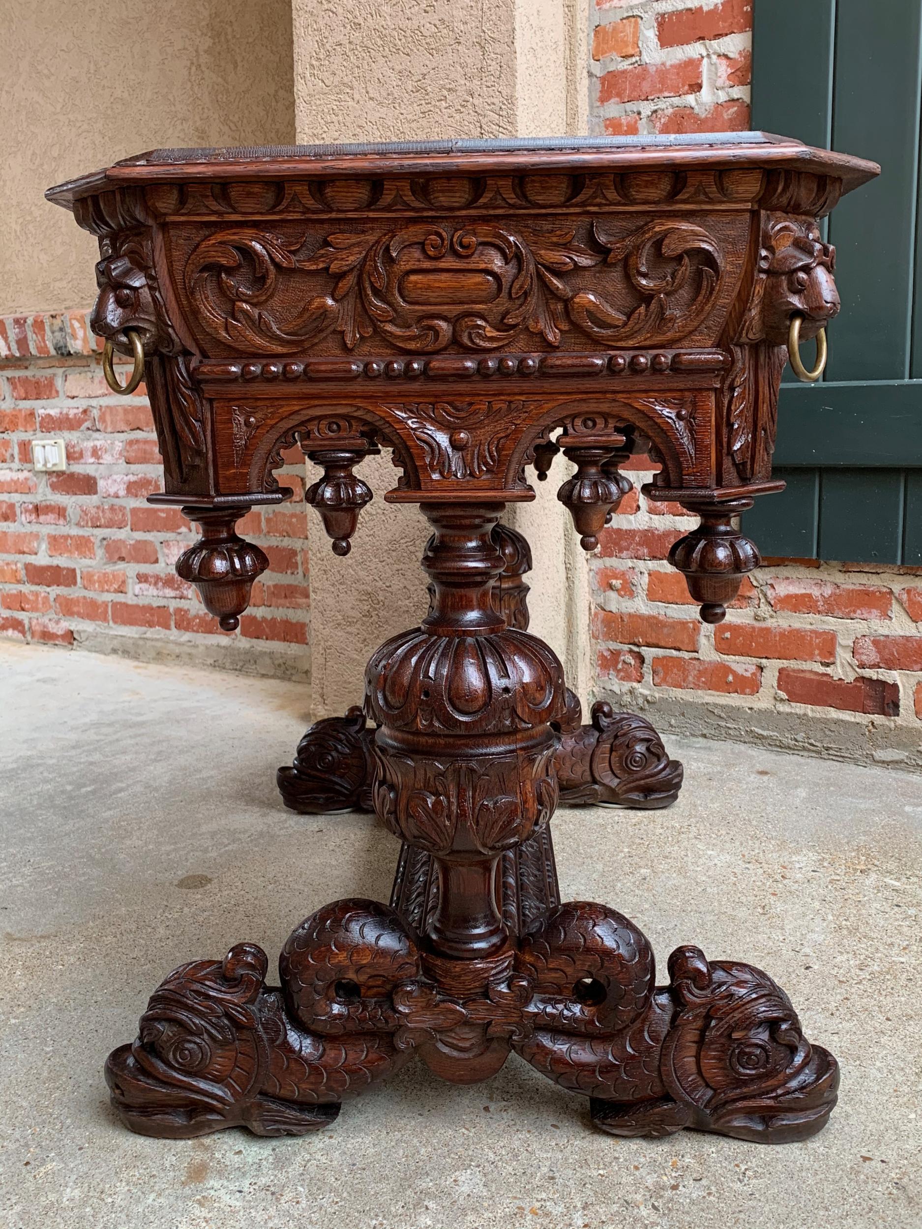 19th Century French Carved Oak Dolphin Library Table Desk Renaissance Gothic In Good Condition In Shreveport, LA