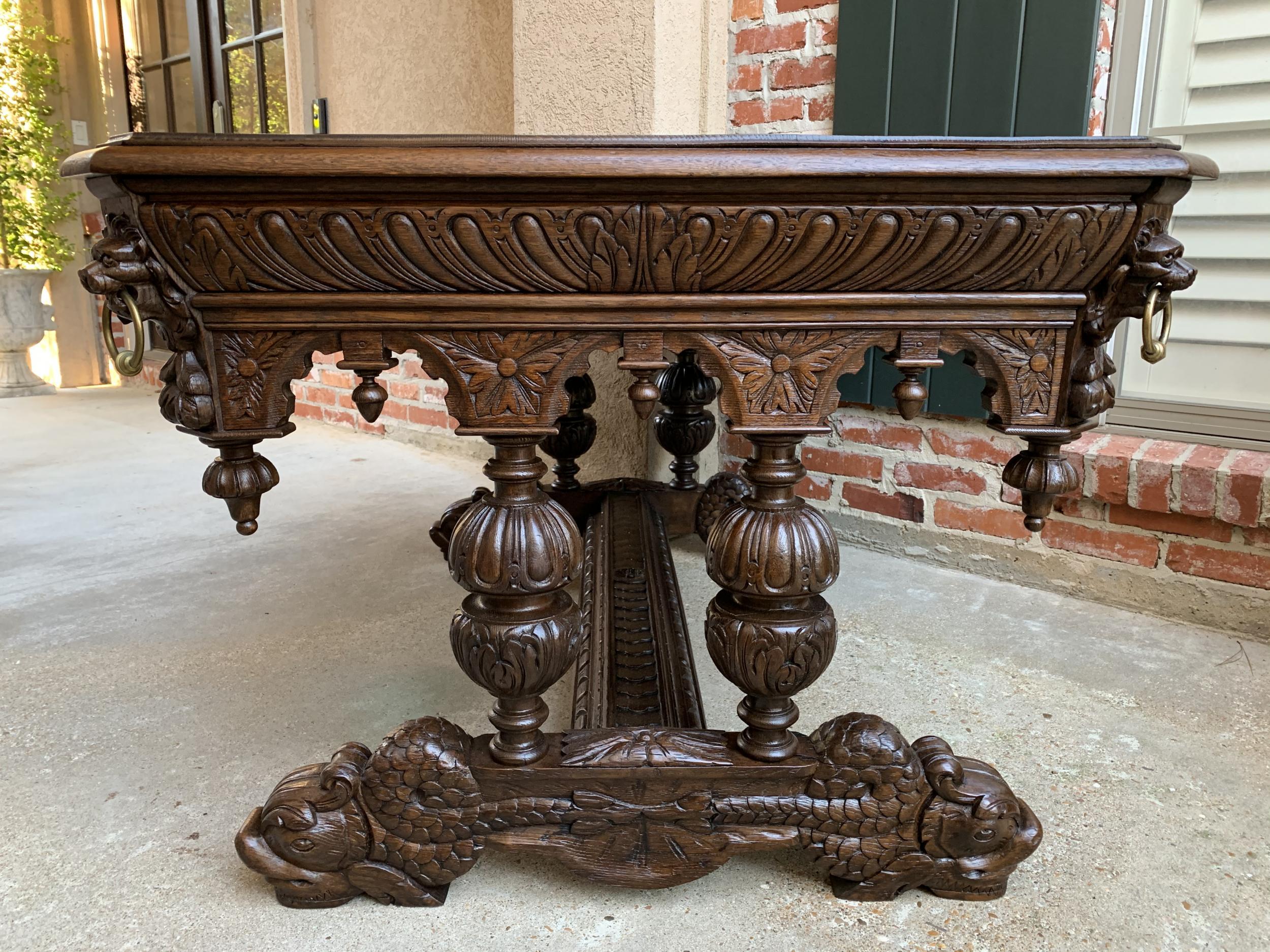 Hand-Carved 19th Century French Carved Oak Dolphin Library Table Desk Renaissance Gothic