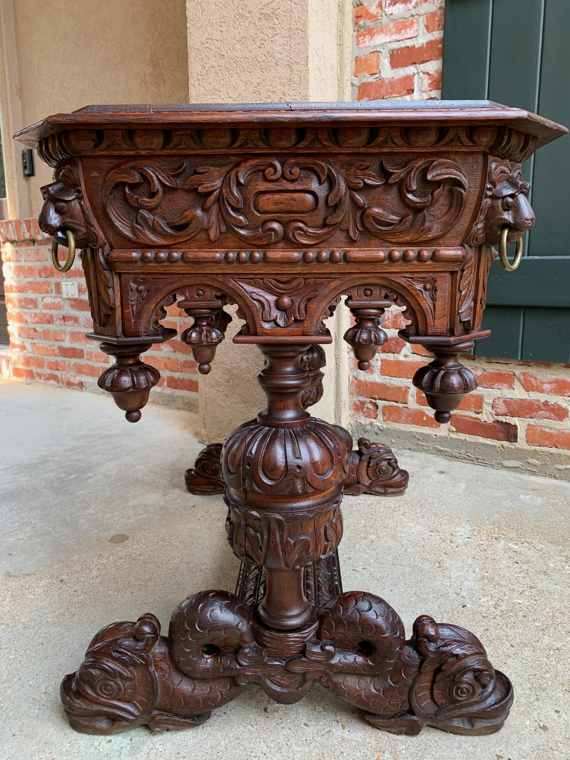 19th Century French Carved Oak Dolphin Library Table Desk Renaissance Gothic 1