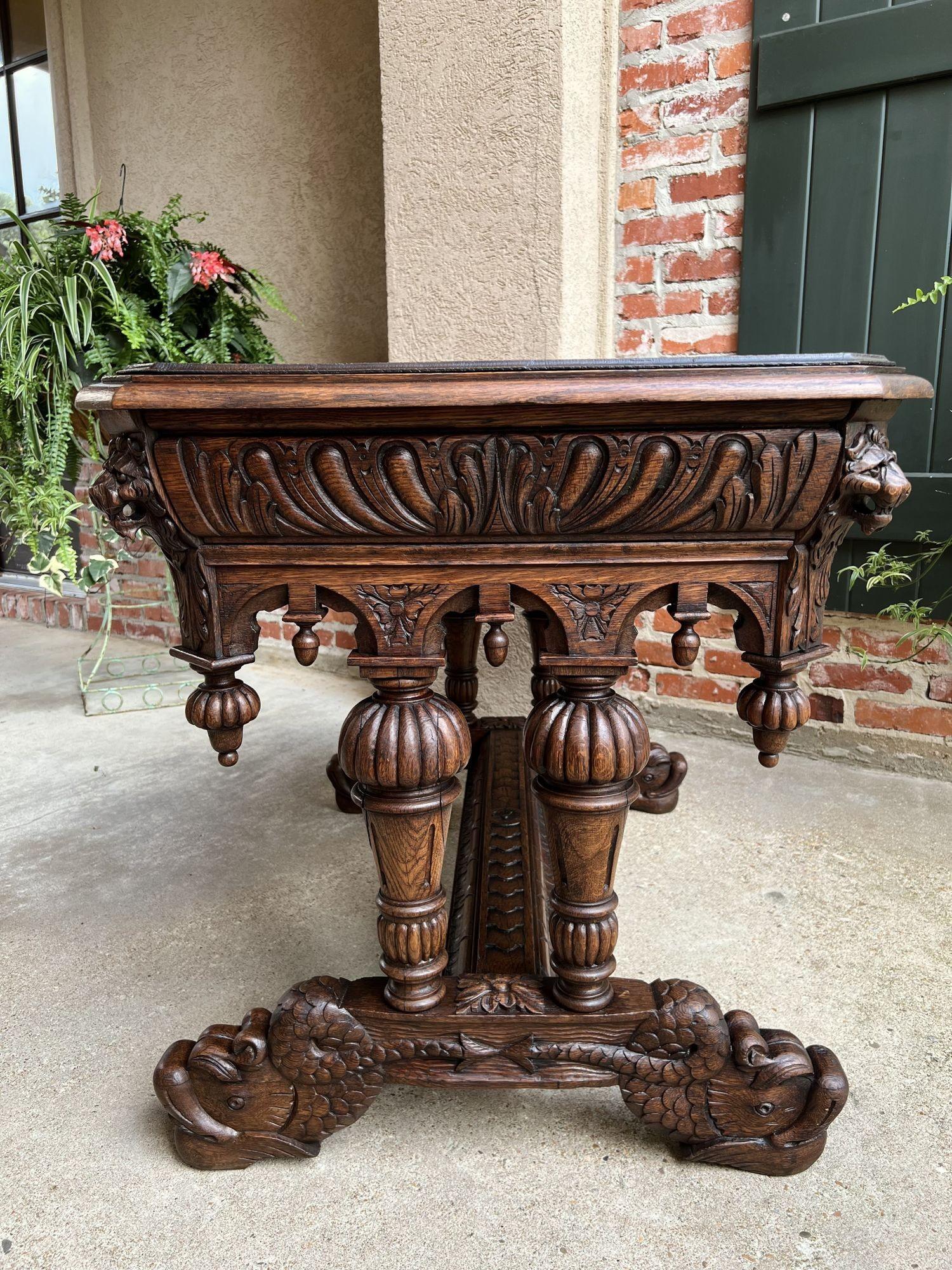 19th Century French Carved Oak Dolphin Library Table Desk Renaissance Gothic In Good Condition For Sale In Shreveport, LA