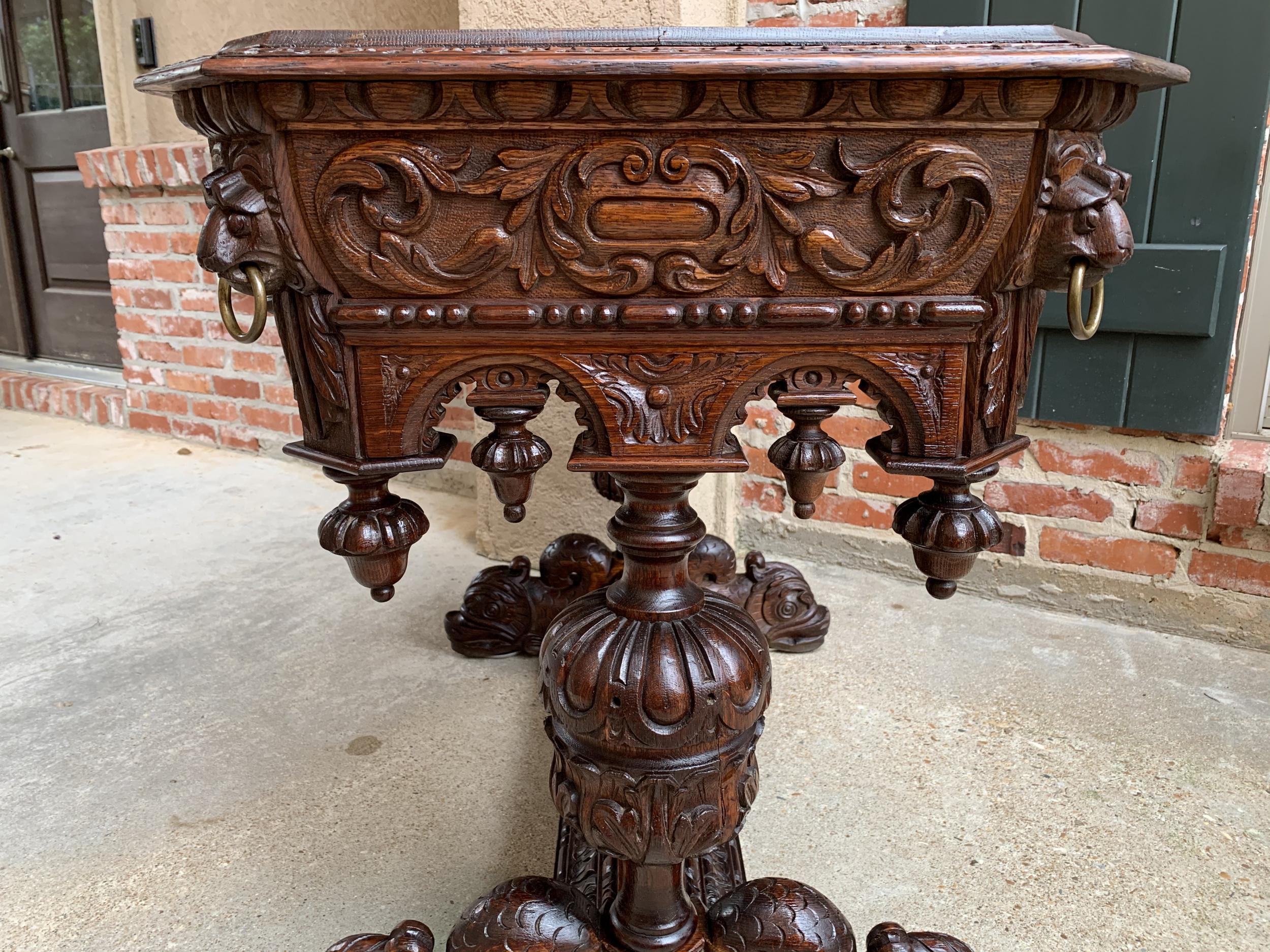 19th Century French Carved Oak Dolphin Library Table Desk Renaissance Gothic 2