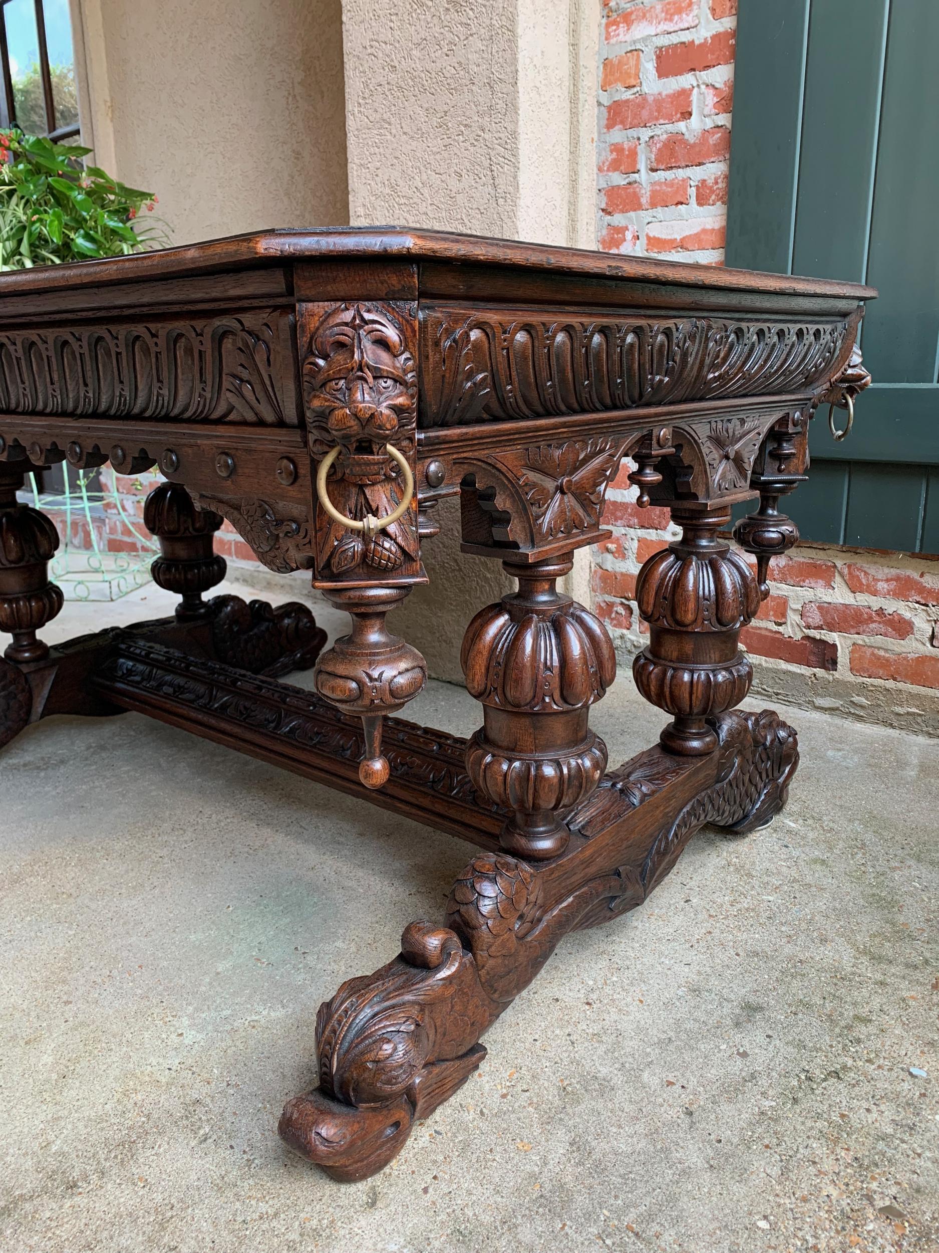 19th Century French Carved Oak Dolphin Library Table Desk Renaissance Gothic 2