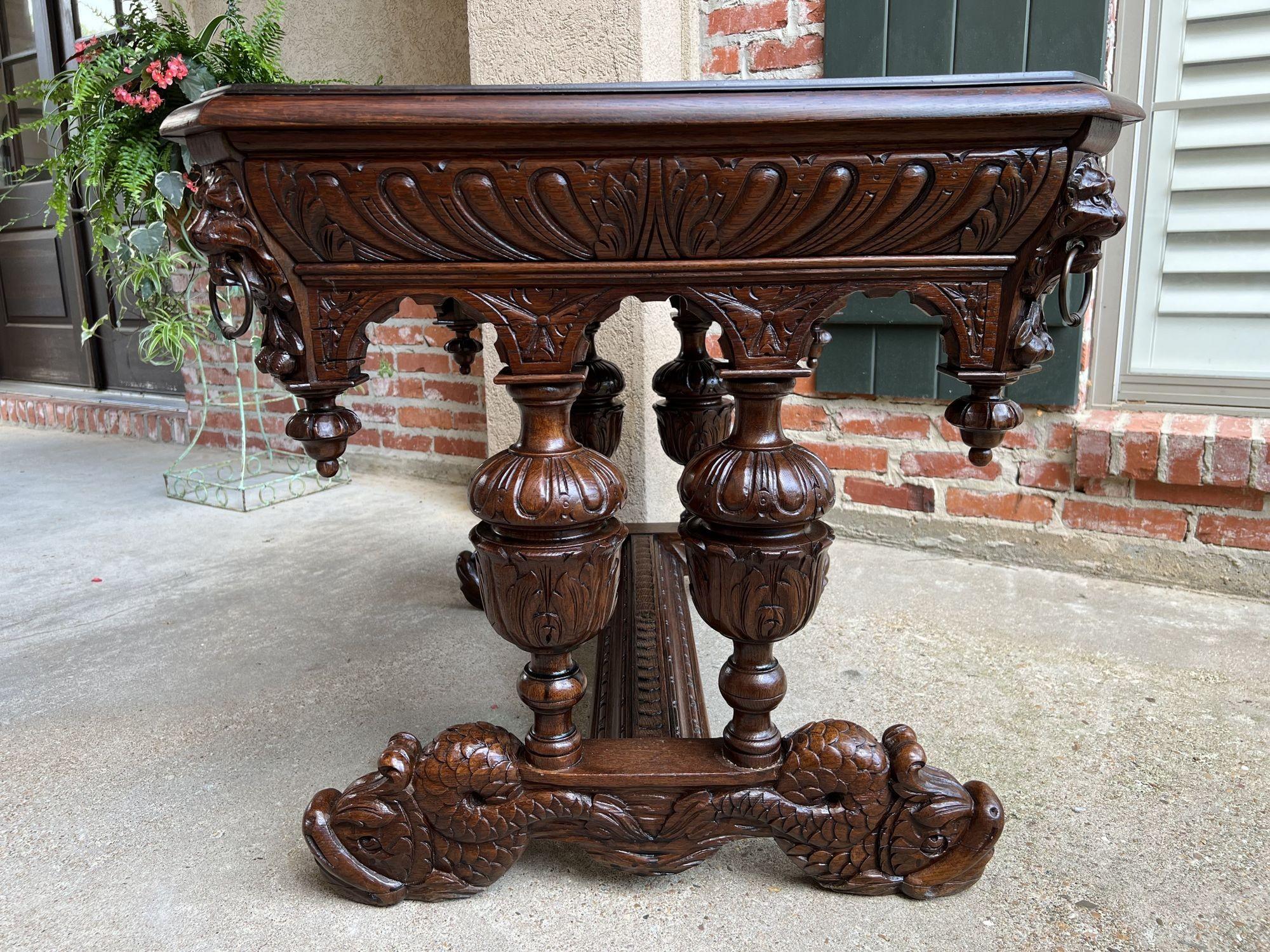 Antique French Carved Oak Dolphin Library Table Desk Renaissance Gothic c1890 For Sale 1