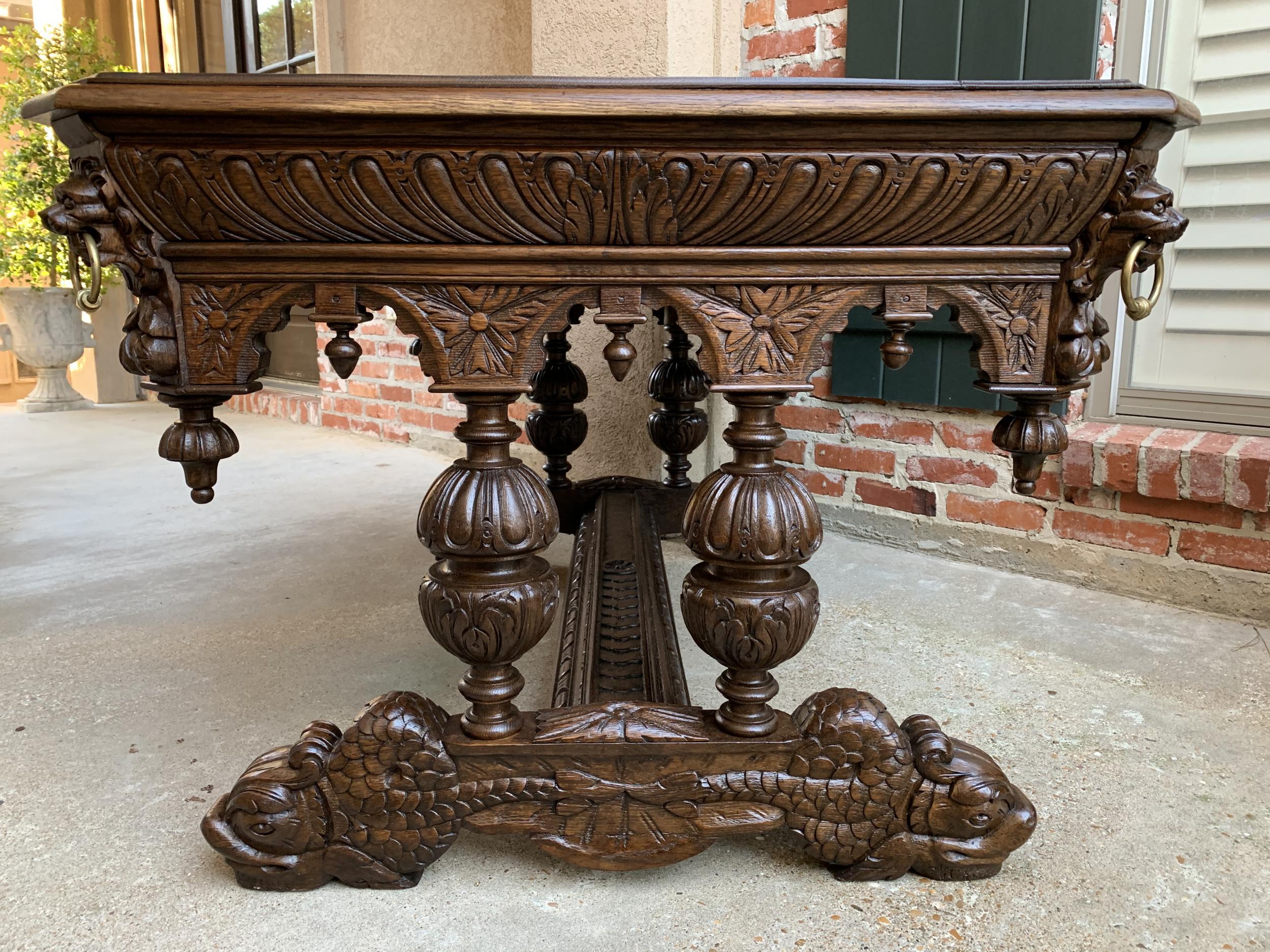 19th Century French Carved Oak Dolphin Library Table Desk Renaissance Gothic 1