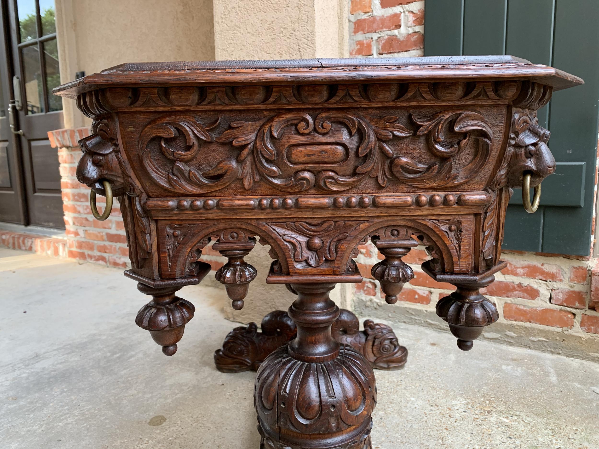 19th Century French Carved Oak Dolphin Library Table Desk Renaissance Gothic 3