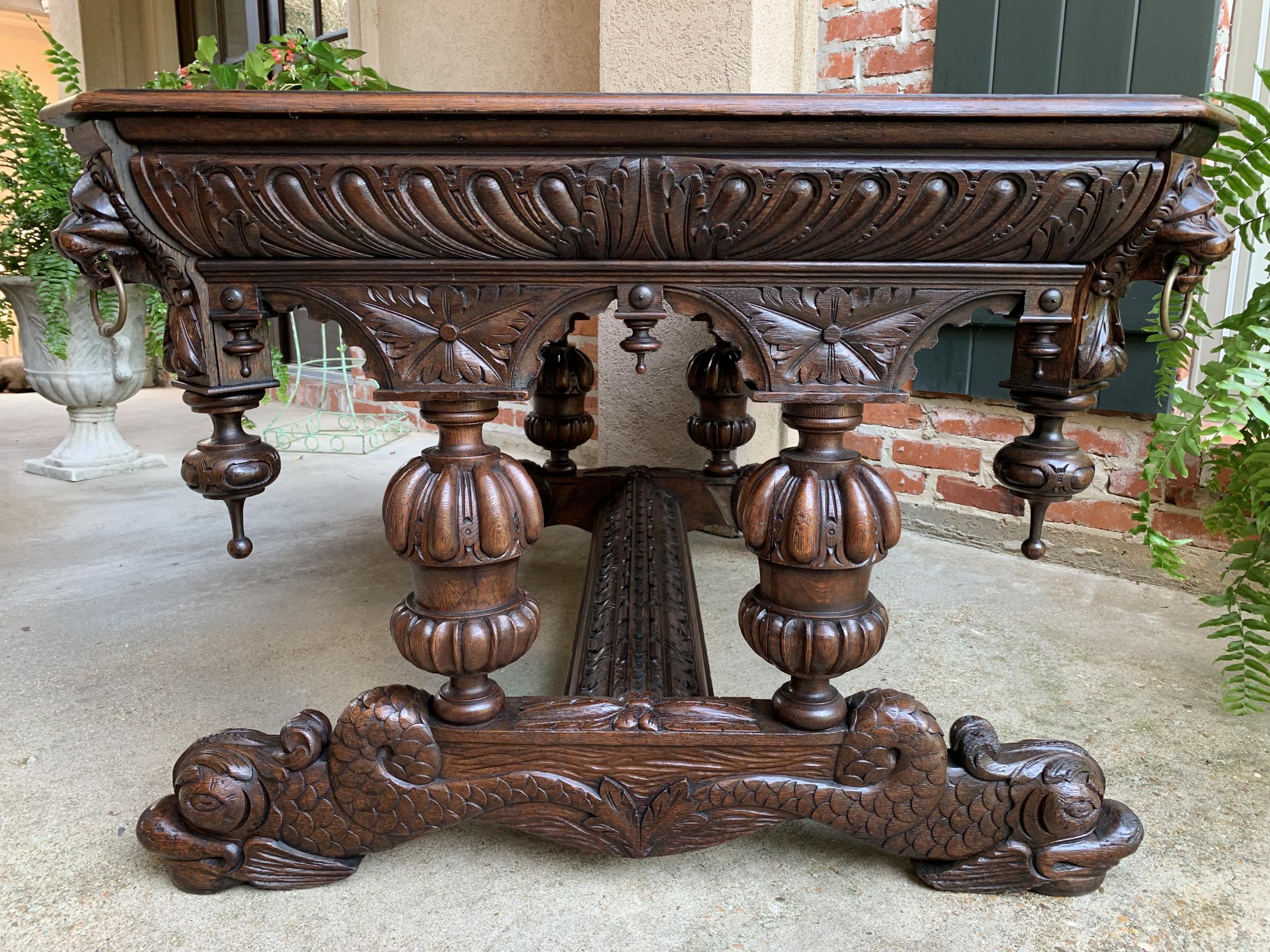 19th Century French Carved Oak Dolphin Library Table Desk Renaissance Gothic 3