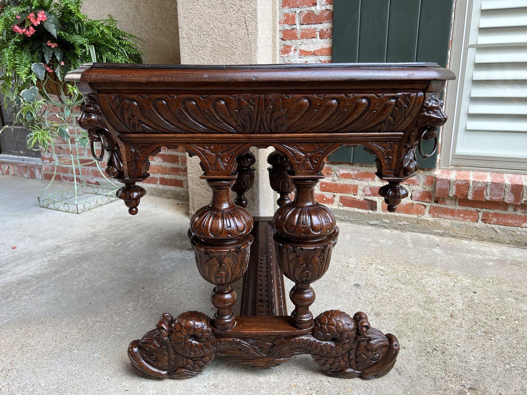Antique French Carved Oak Dolphin Library Table Desk Renaissance Gothic c1890 For Sale 2