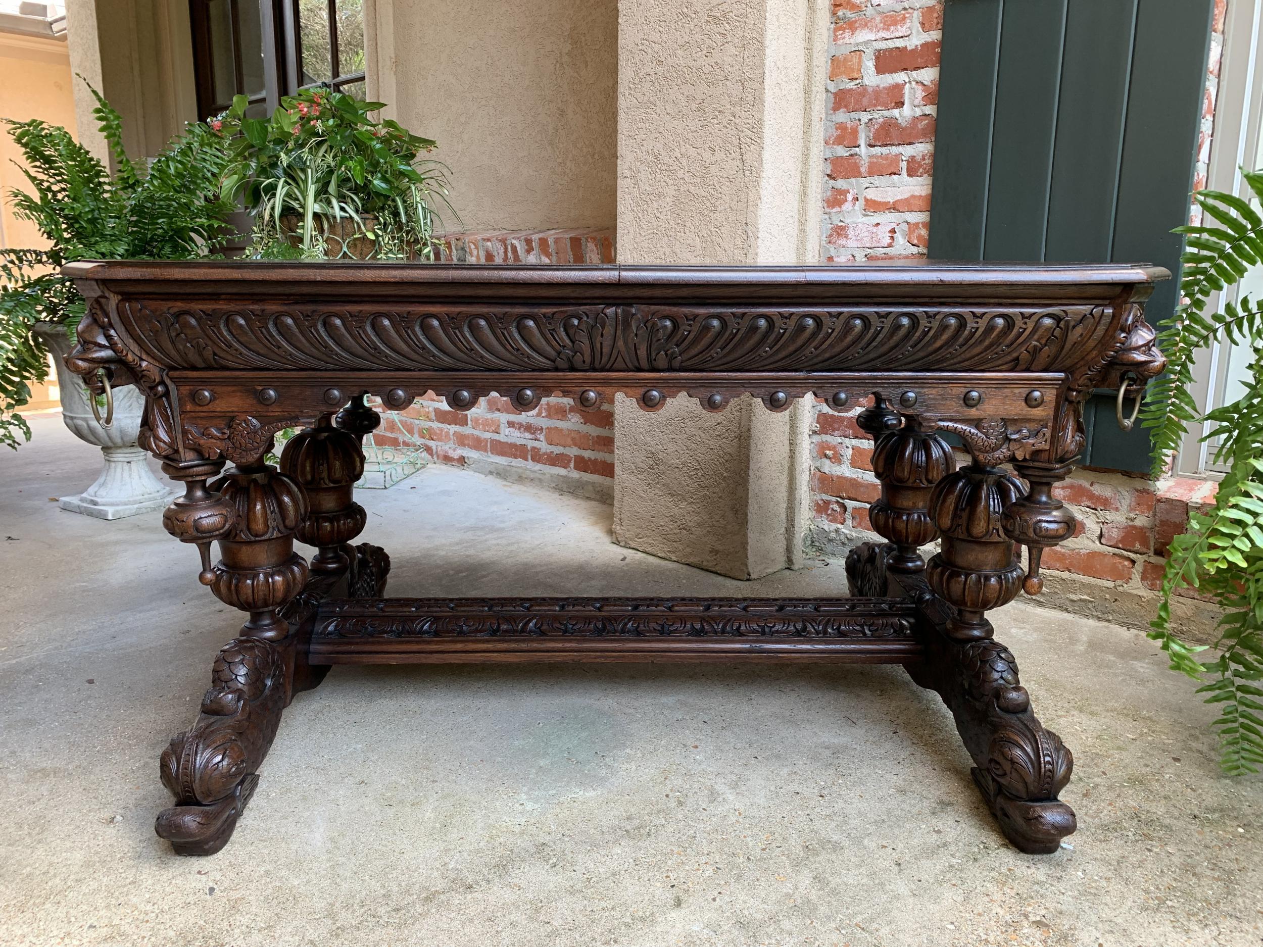 19th Century French Carved Oak Dolphin Library Table Desk Renaissance Gothic 4