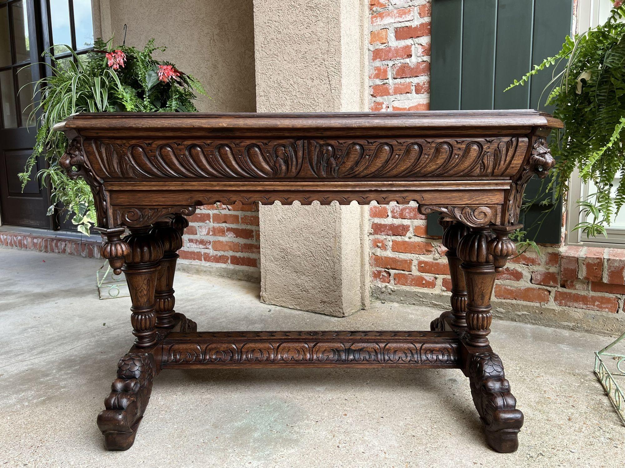 19th Century French Carved Oak Dolphin Library Table Desk Renaissance Gothic For Sale 2