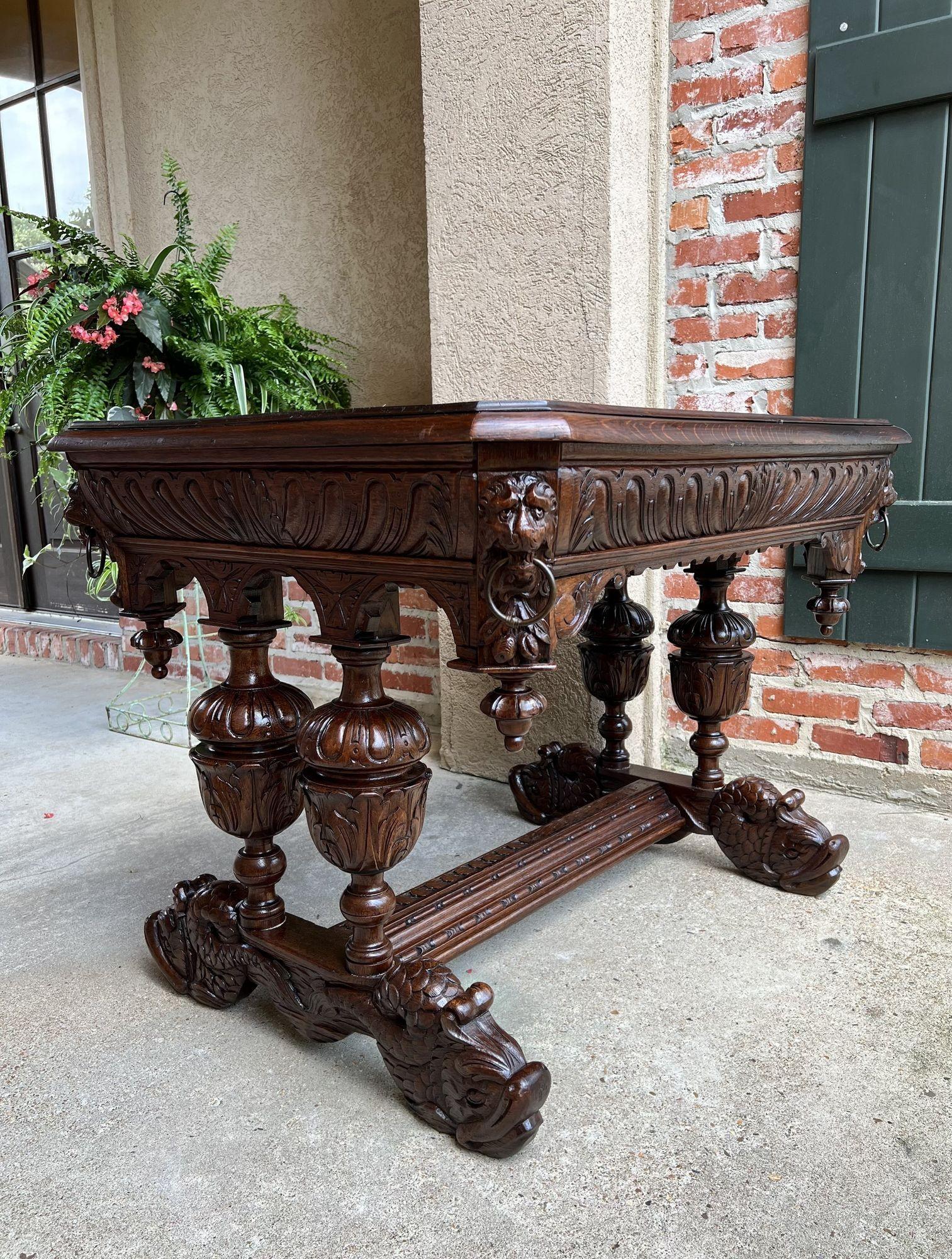 Antique French Carved Oak Dolphin Library Table Desk Renaissance Gothic c1890 For Sale 4