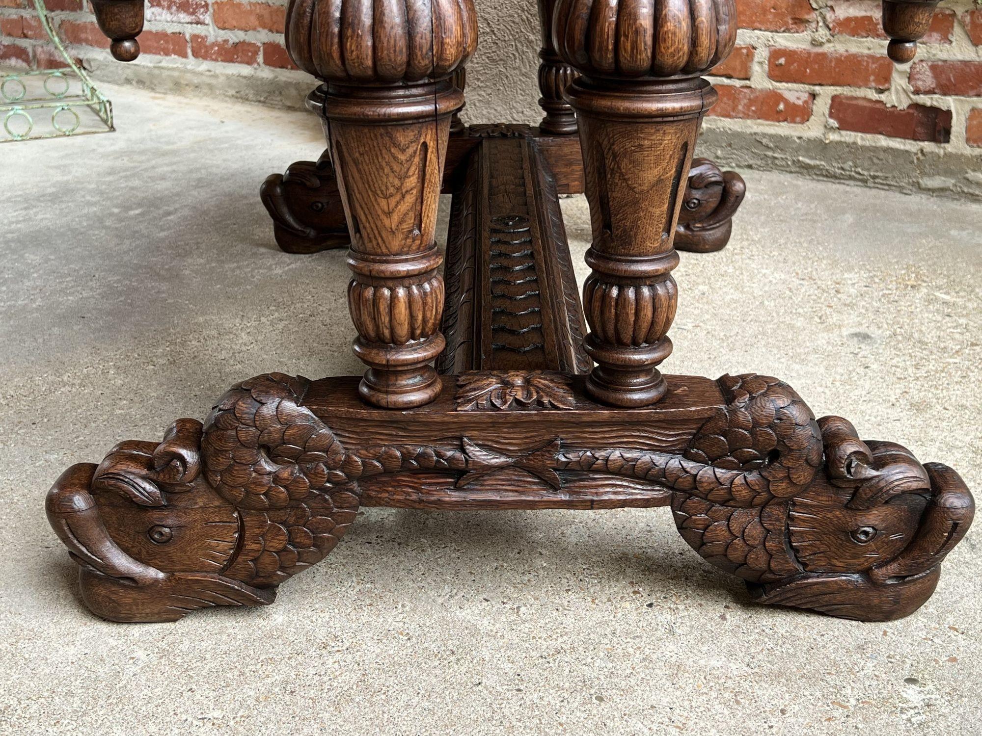 19th Century French Carved Oak Dolphin Library Table Desk Renaissance Gothic For Sale 3