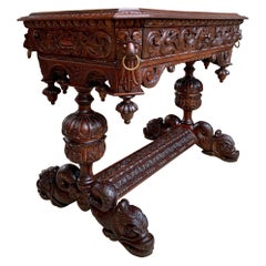 19th Century French Carved Oak Dolphin Library Table Desk Renaissance Gothic