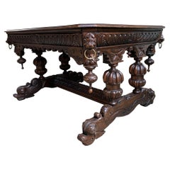 Antique 19th Century French Carved Oak Dolphin Library Table Desk Renaissance Gothic