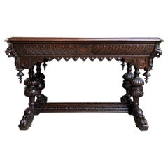 Antique 19th Century French Carved Oak Dolphin Library Table Desk Renaissance Gothic