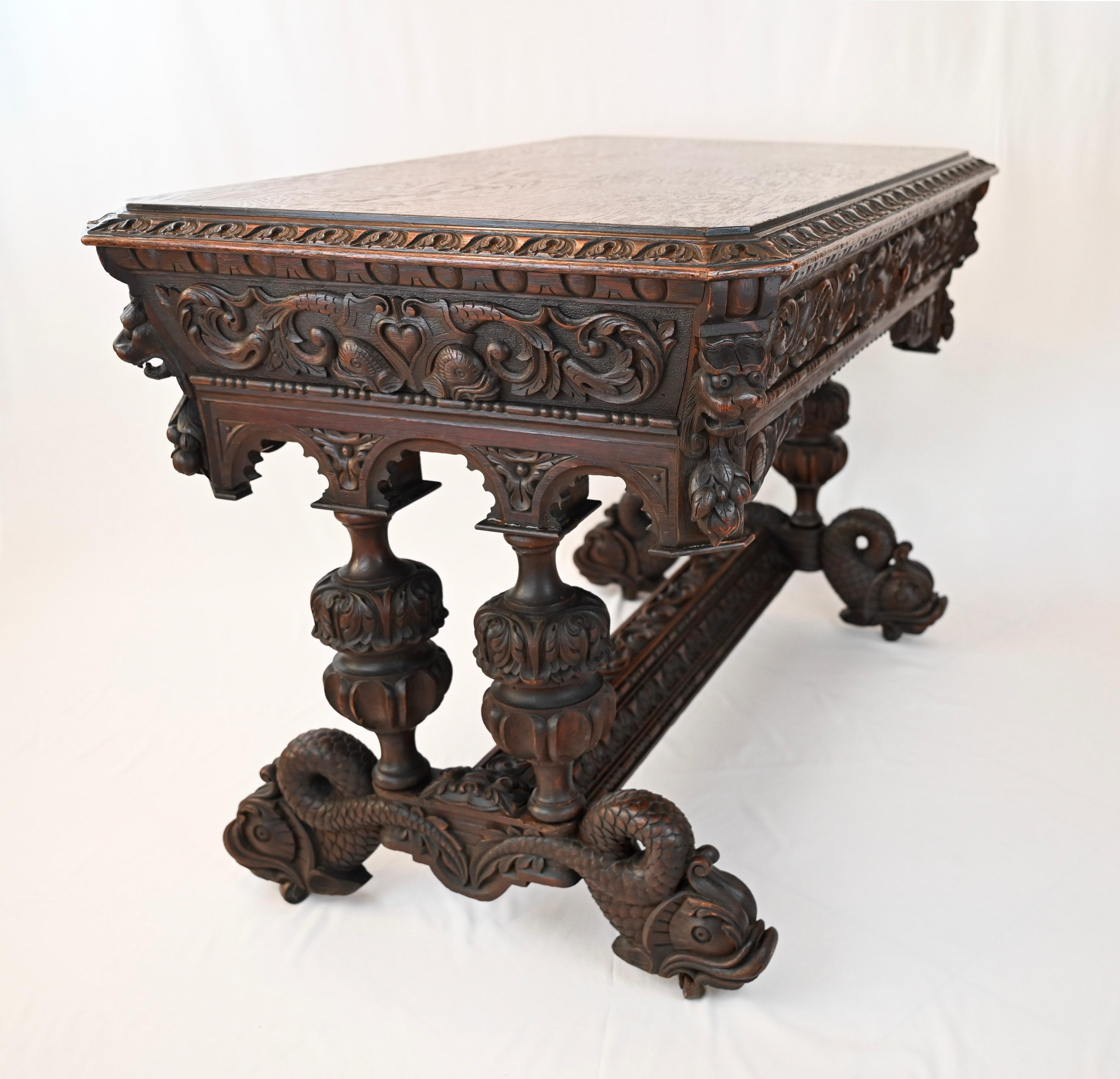 Hand-Carved 19th Century French Carved Oak Dolphin Table or Desk Renaissance Gothic Style For Sale