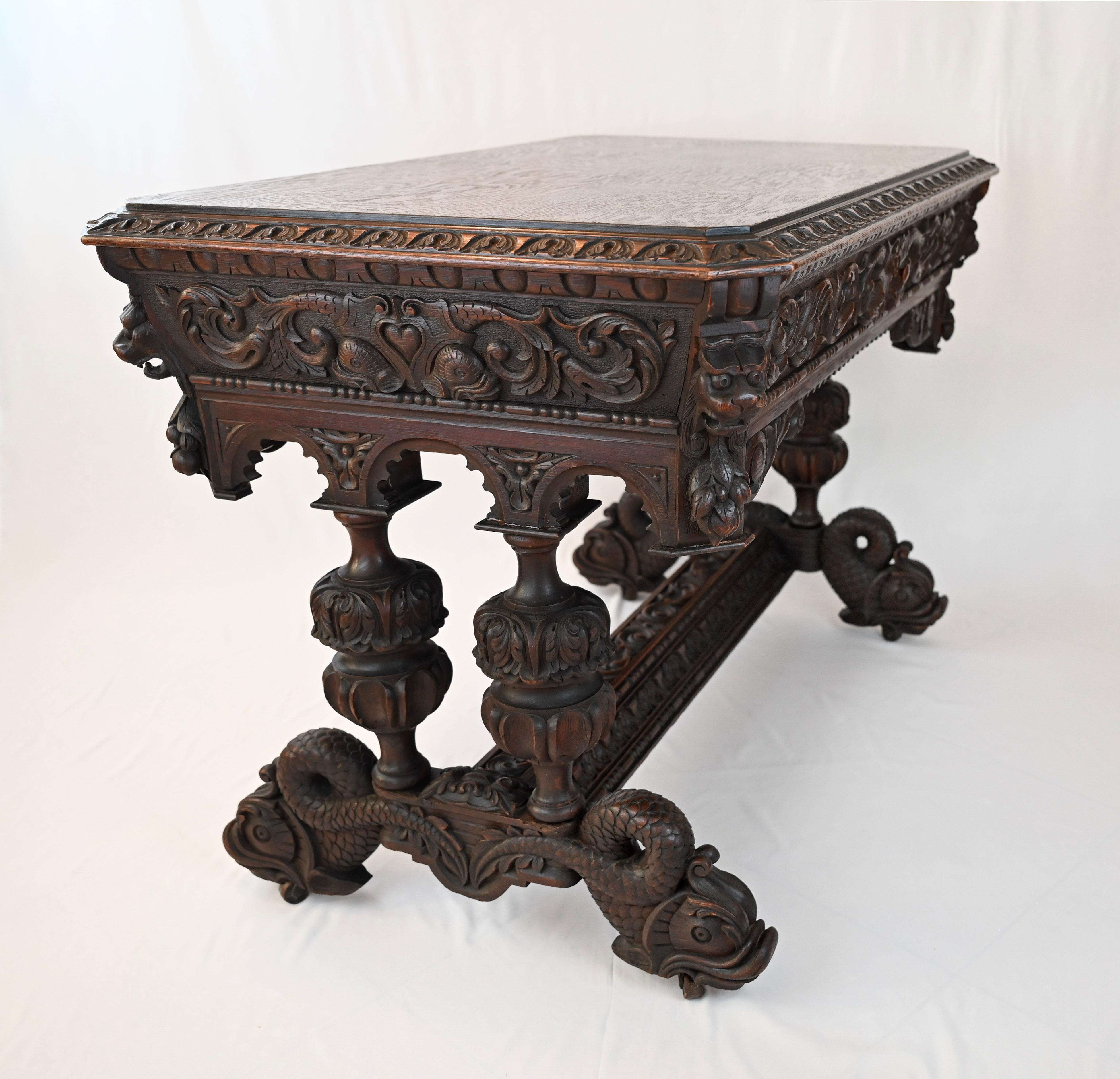 19th Century French Carved Oak Dolphin Table or Desk Renaissance Gothic Style In Good Condition For Sale In Miami, FL