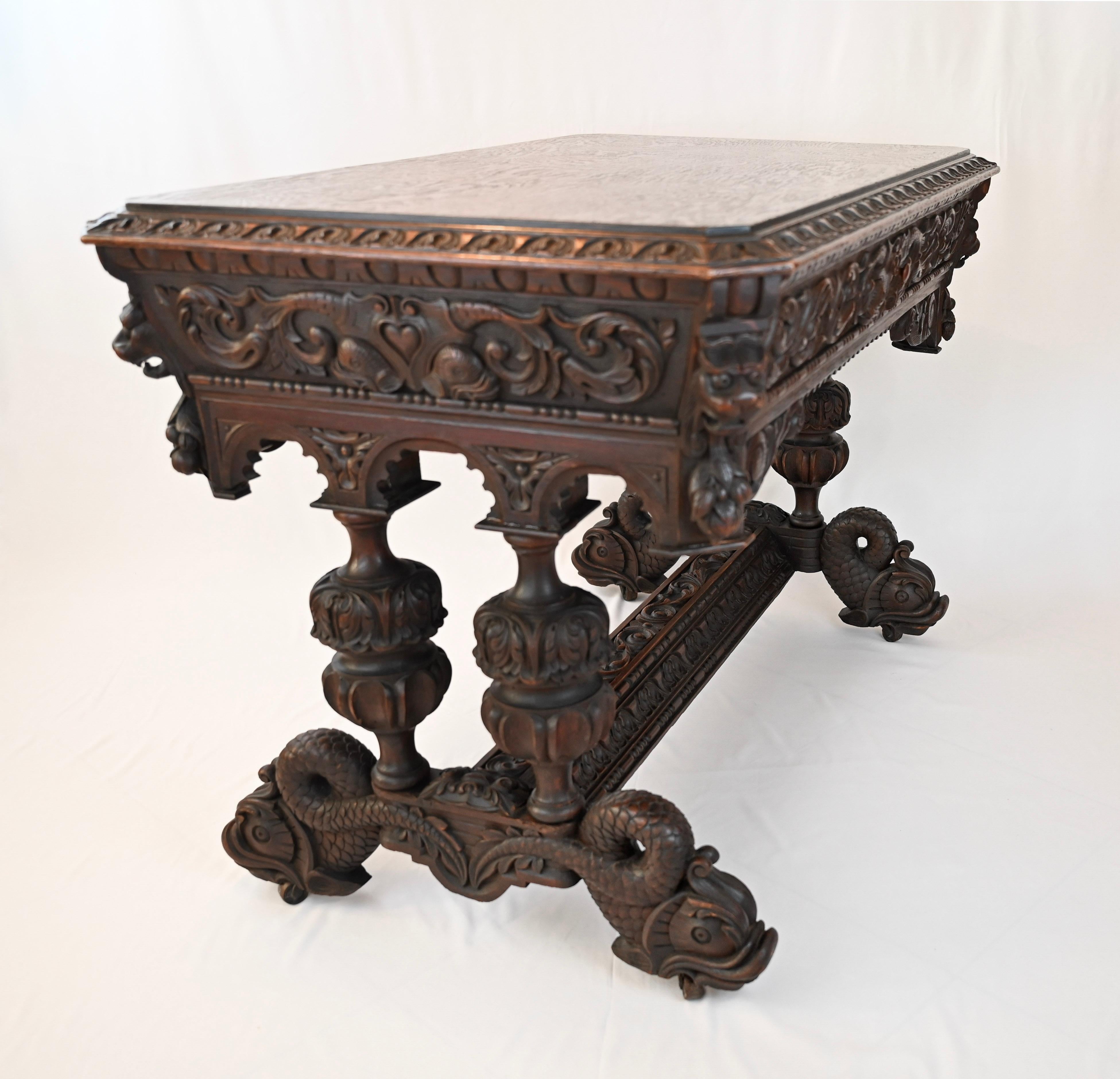 19th Century French Carved Oak Dolphin Table or Desk Renaissance Gothic Style For Sale 1