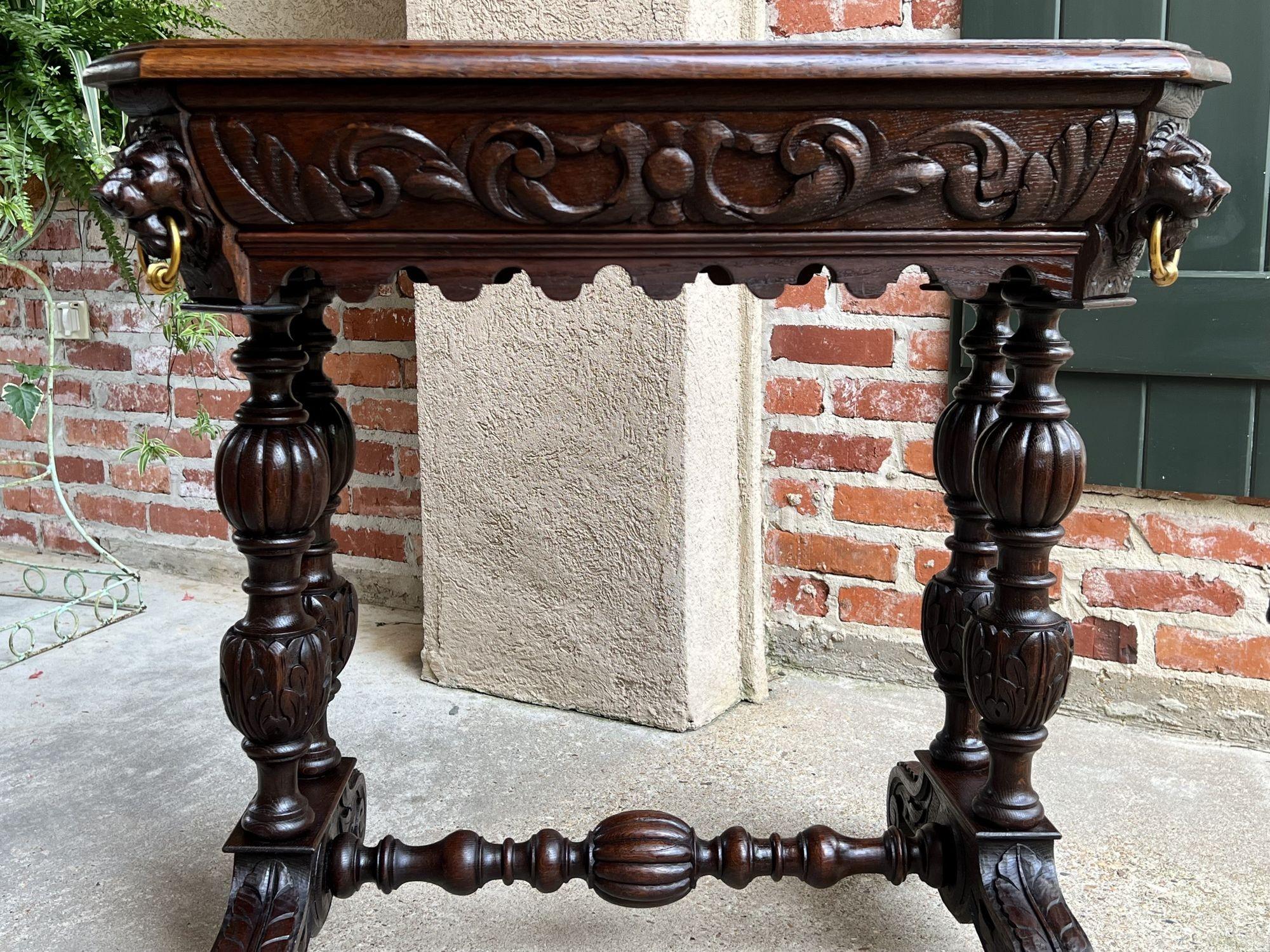 19th Century French Carved Oak Library Table Petite Desk Renaissance Gothic For Sale 9