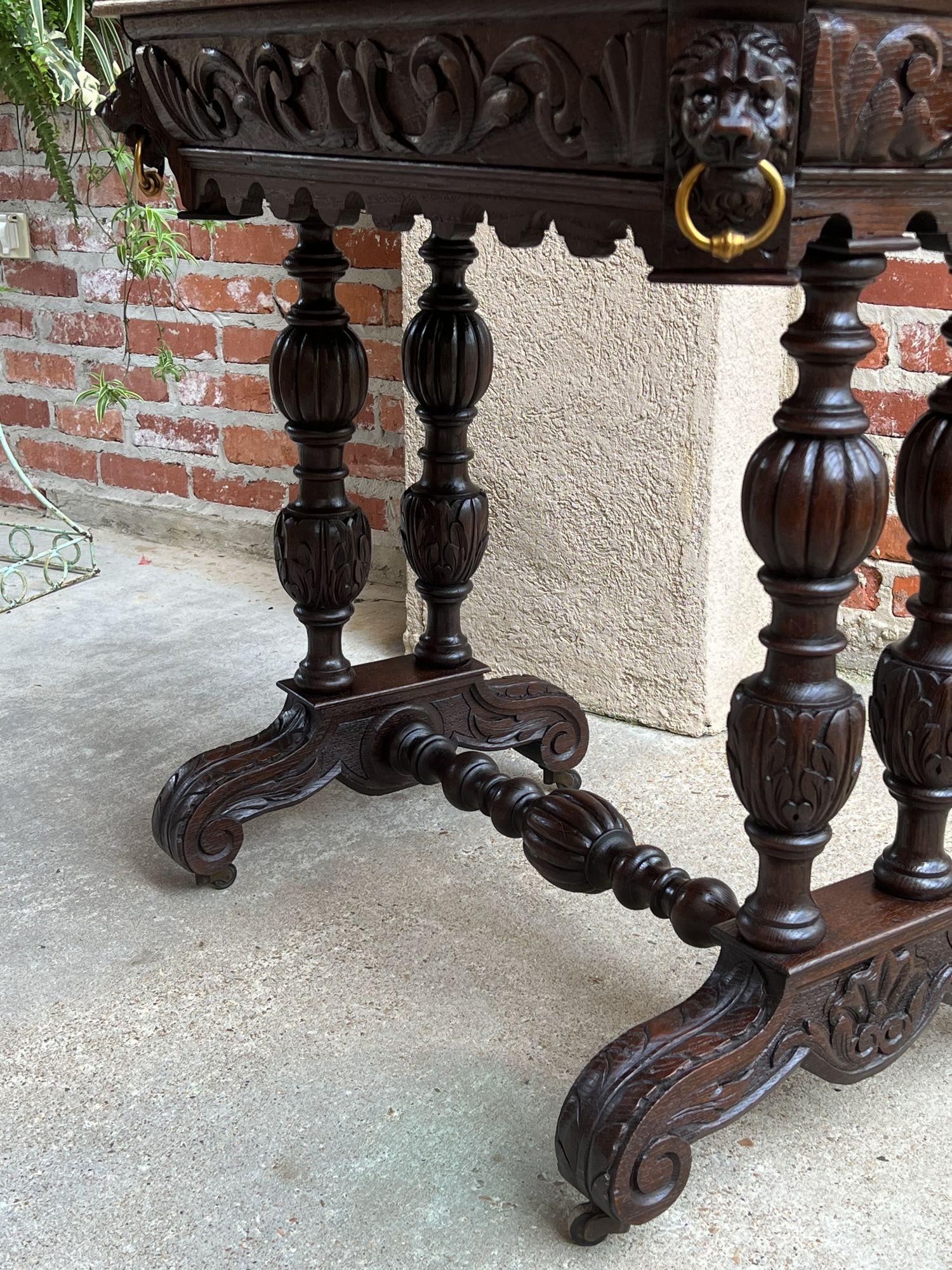 19th Century French Carved Oak Library Table Petite Desk Renaissance Gothic For Sale 13