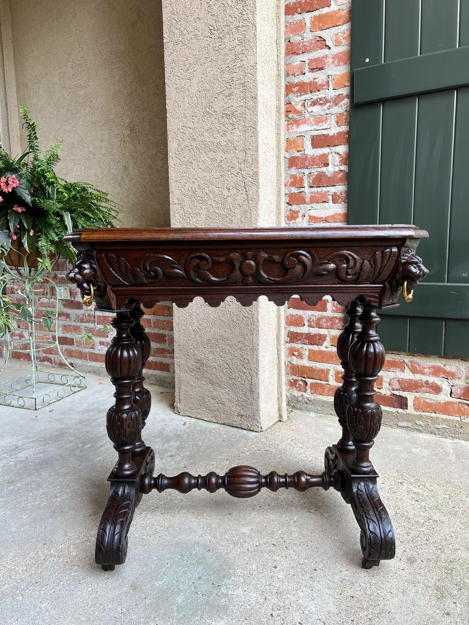 Hand-Carved 19th Century French Carved Oak Library Table Petite Desk Renaissance Gothic For Sale