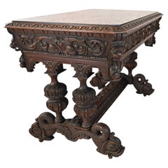 19th Century French Carved Oak Dolphin Table or Desk Renaissance Gothic Style