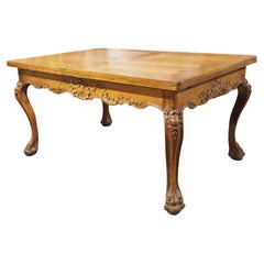 Antique 19th Century French Carved Oak Draw Leaf Table with Large Lion Paw Feet