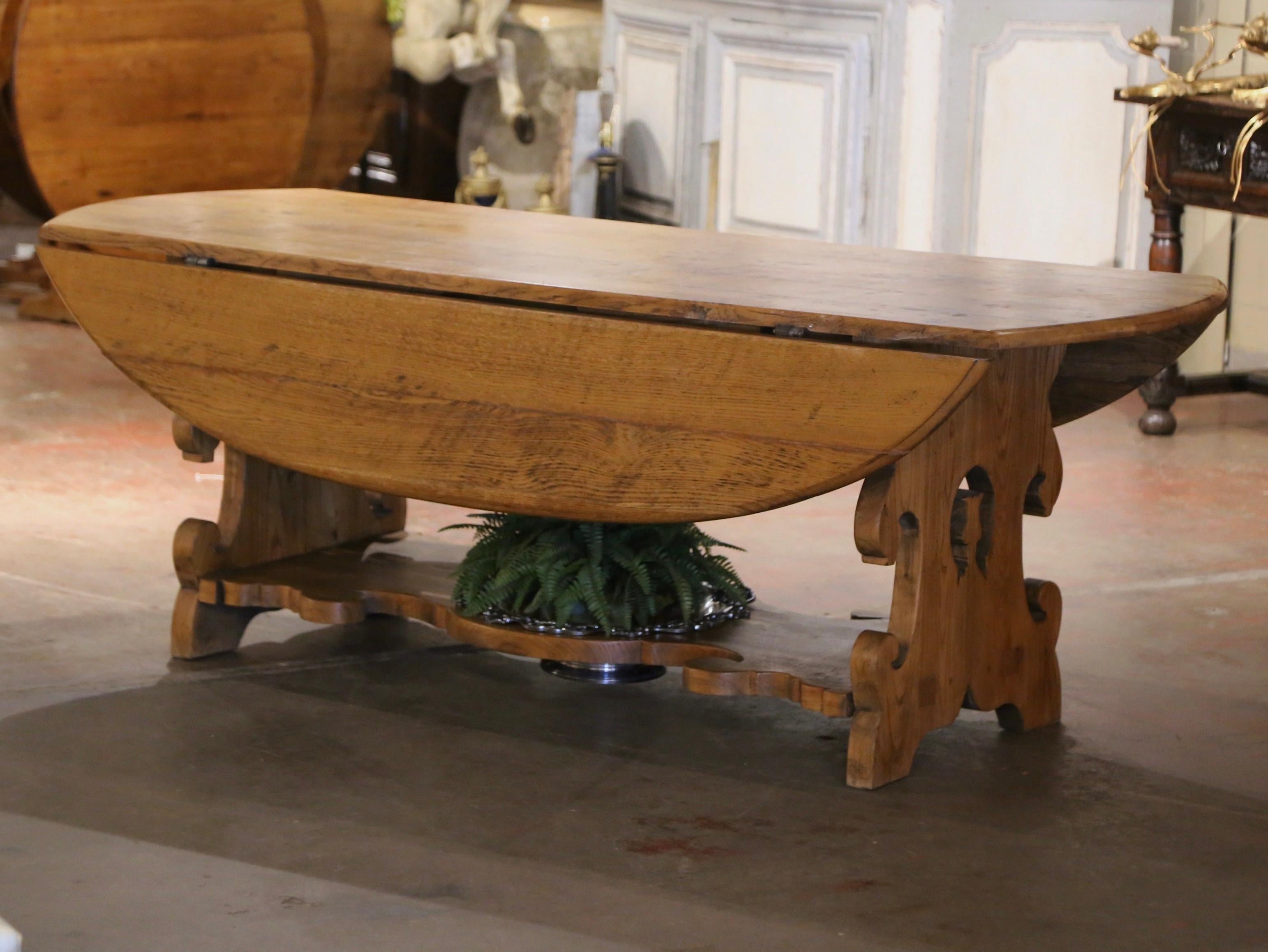 19th Century French Carved Oak Drop-Leaf Oval Table on Trestle Base 1