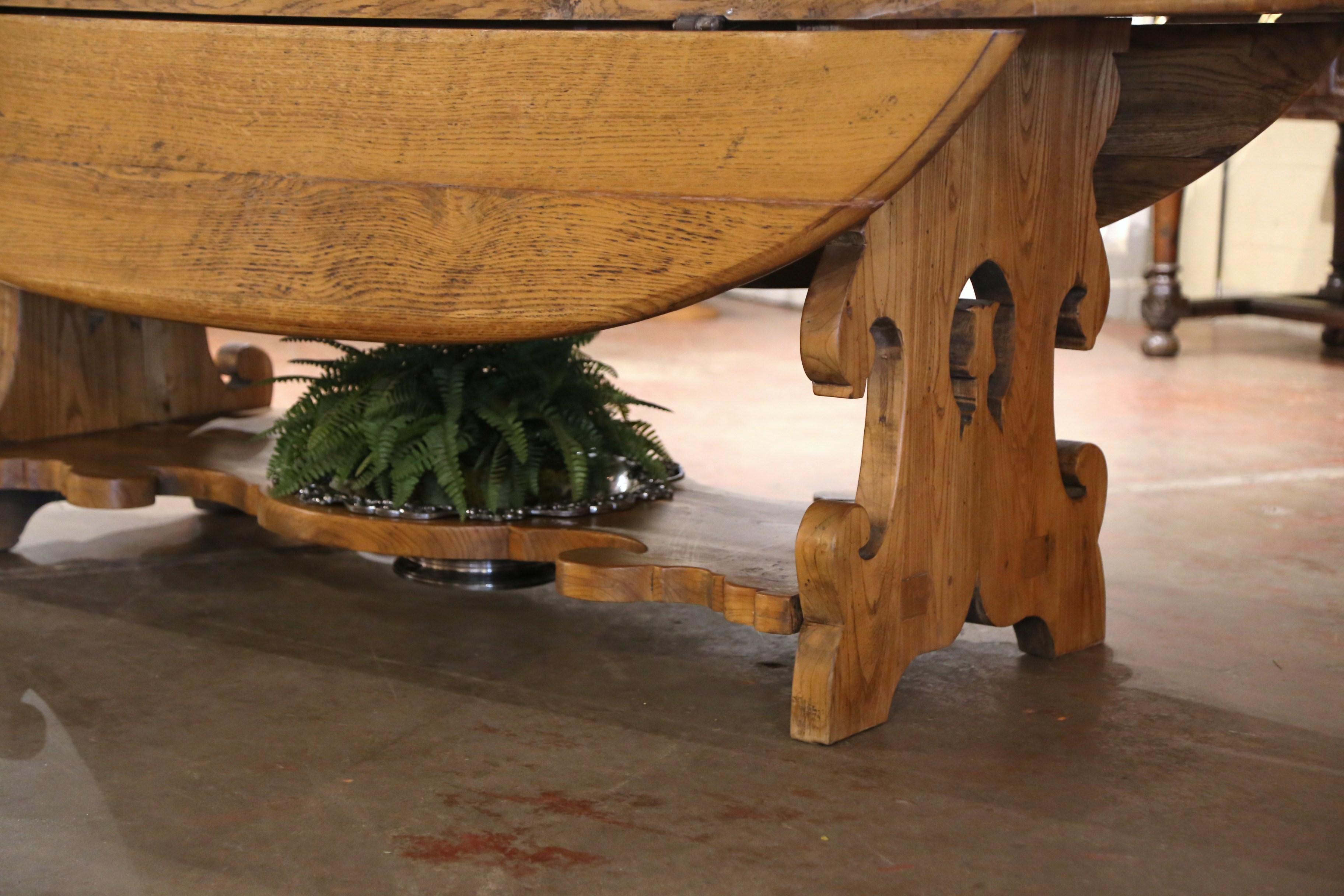 19th Century French Carved Oak Drop-Leaf Oval Table on Trestle Base 2