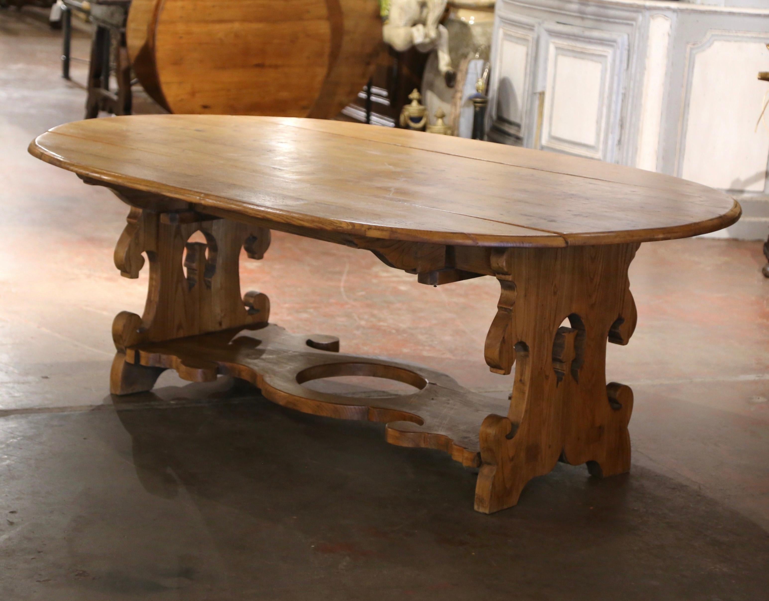 19th Century French Carved Oak Drop-Leaf Oval Table on Trestle Base 4