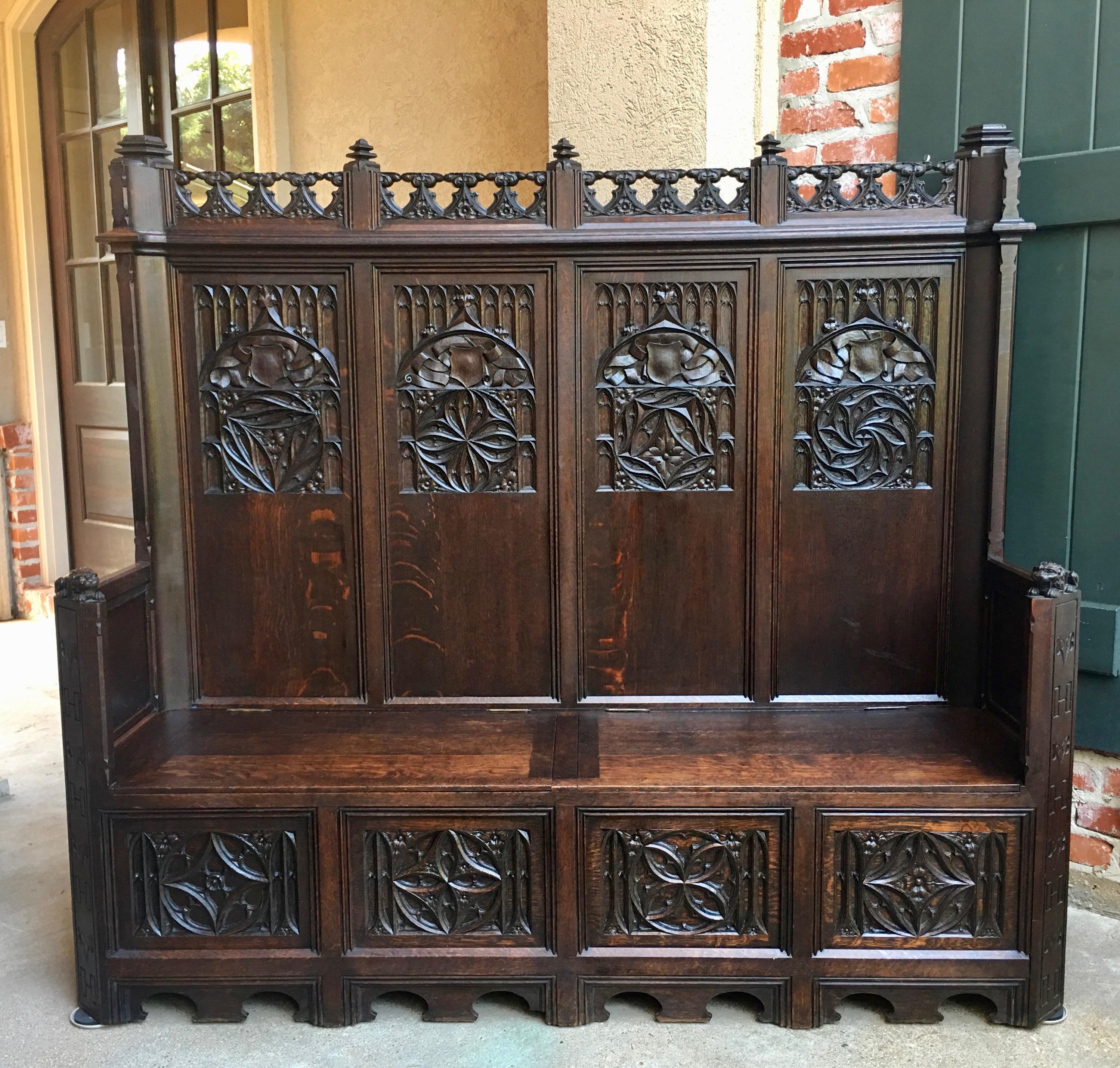 Hand-Carved 19th Century French Carved Oak Entry Hall Bench Gothic Chapel Pew Settle Trunk