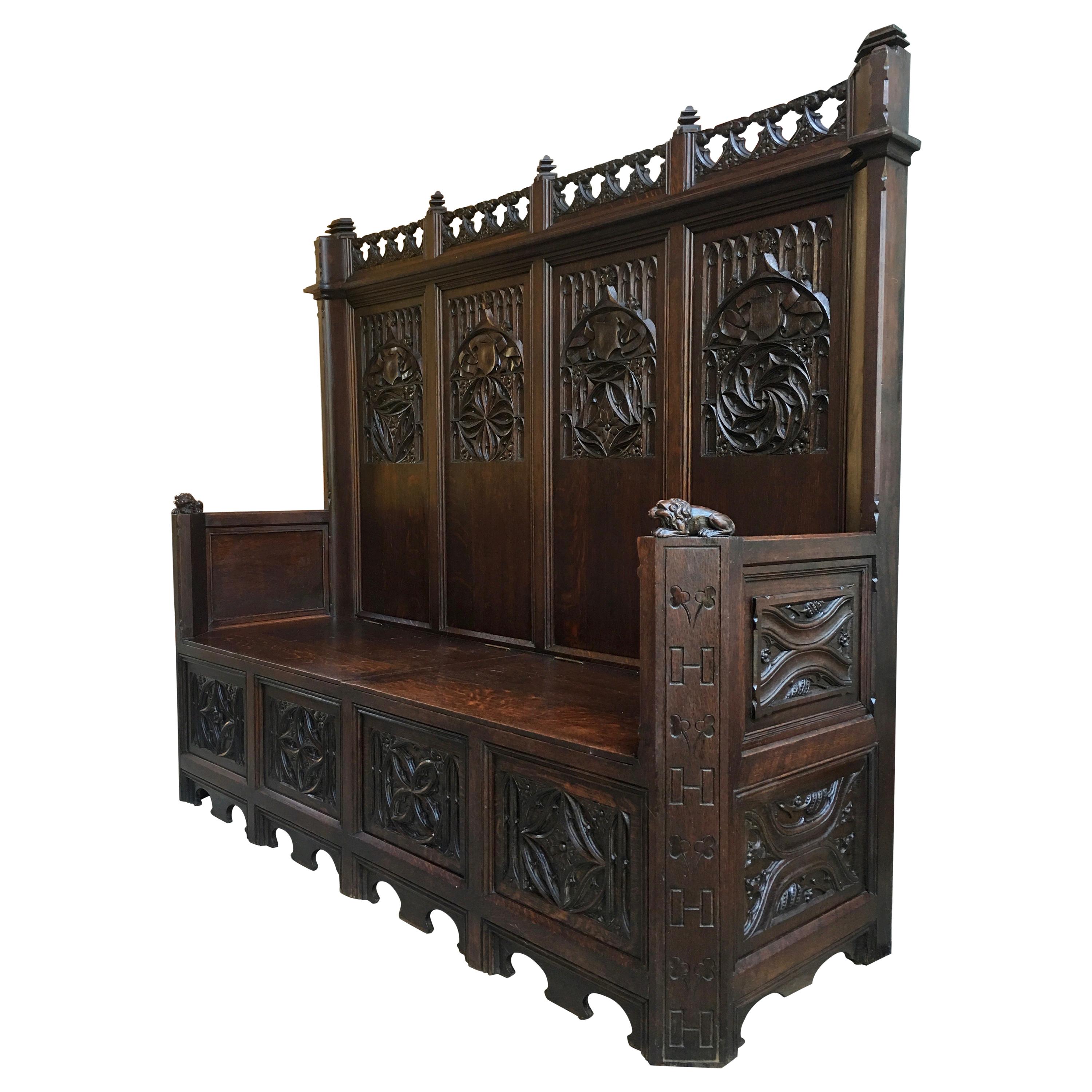 19th Century French Carved Oak Entry Hall Bench Gothic Chapel Pew Settle Trunk