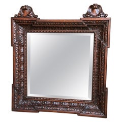 19th century French Carved Oak Frame Wall Mantel Mirror Square Louis XIII